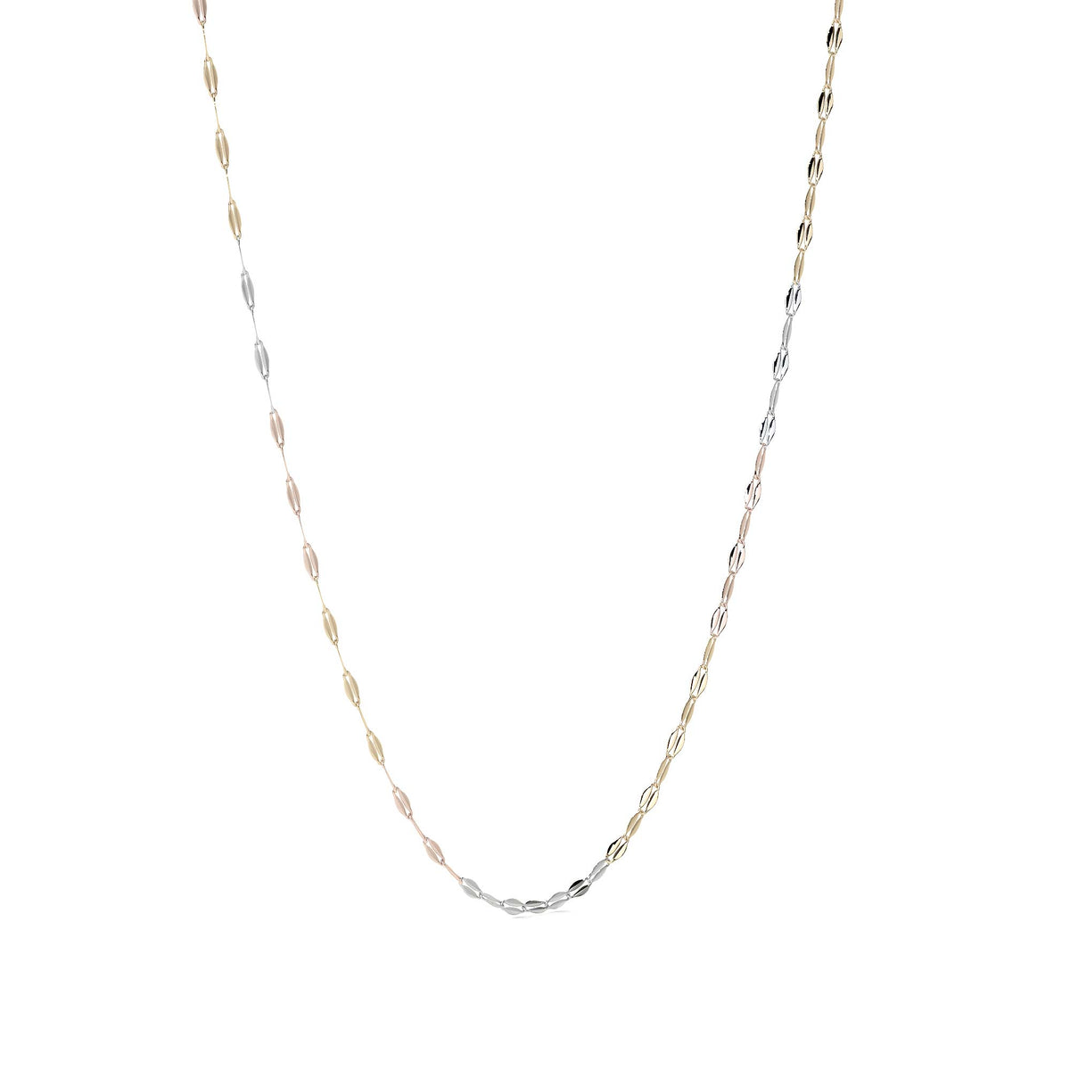 Cadena de Oro 10K Grano de Café Tricolor | Collar Italiano Ligero Oro Blanco, Amarillo y Rosa