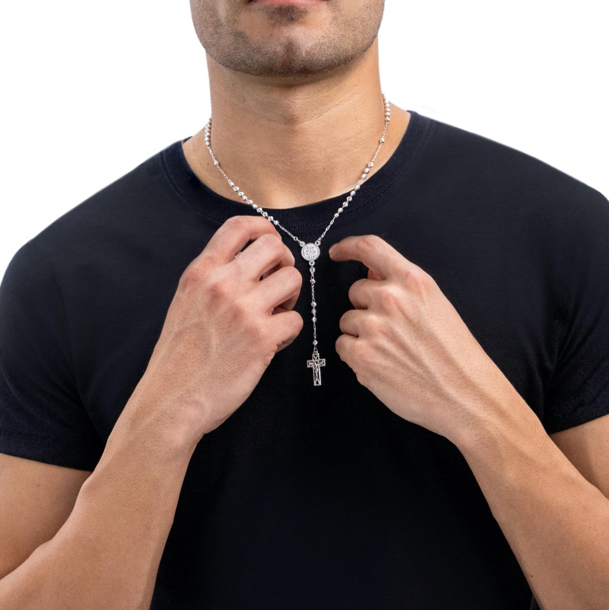 Rosario De Plata Ley 925 Con Bola Diamantada De 50 Cm