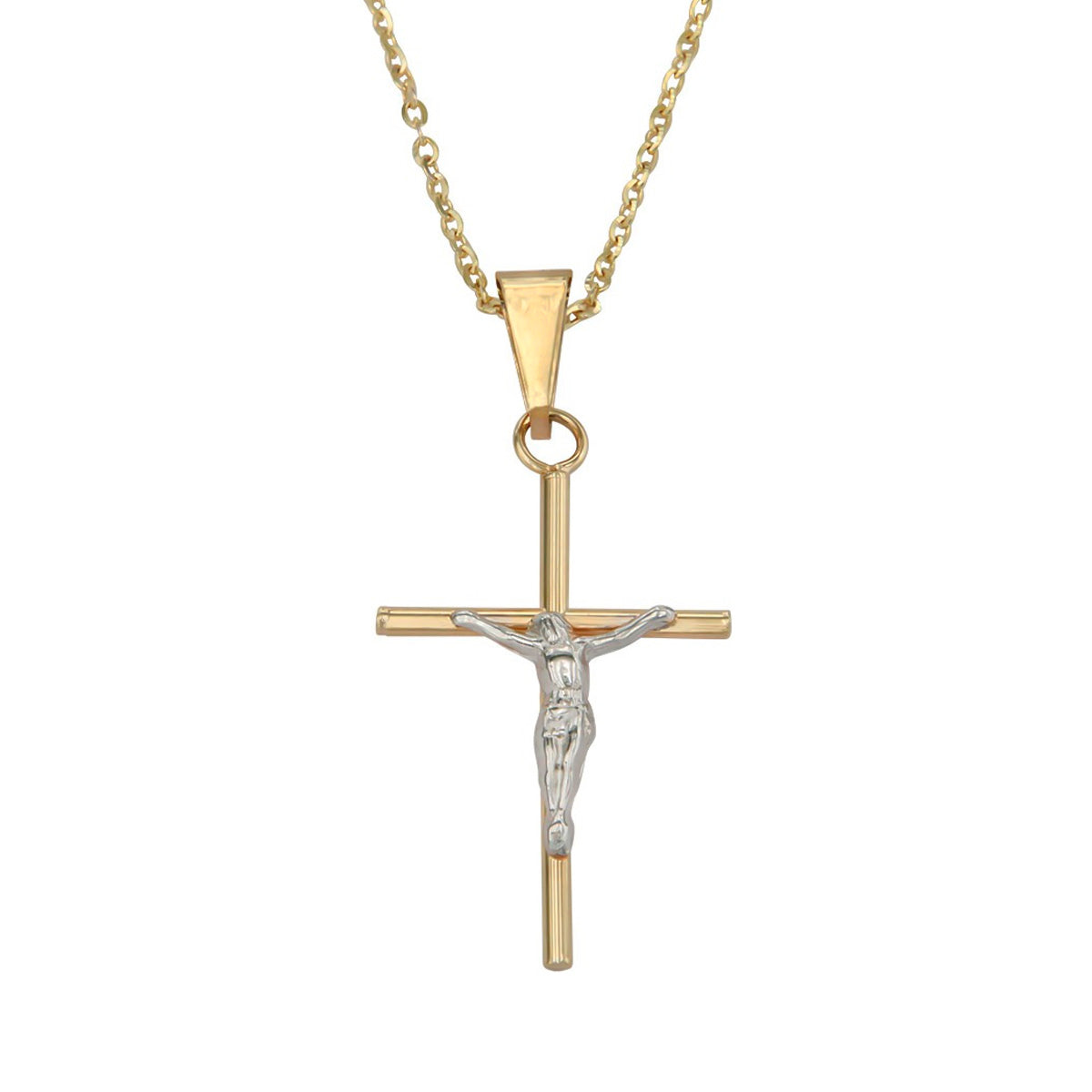 Collar De Cruz De Tubo Y Cristo Rodinado De Oro De 10k