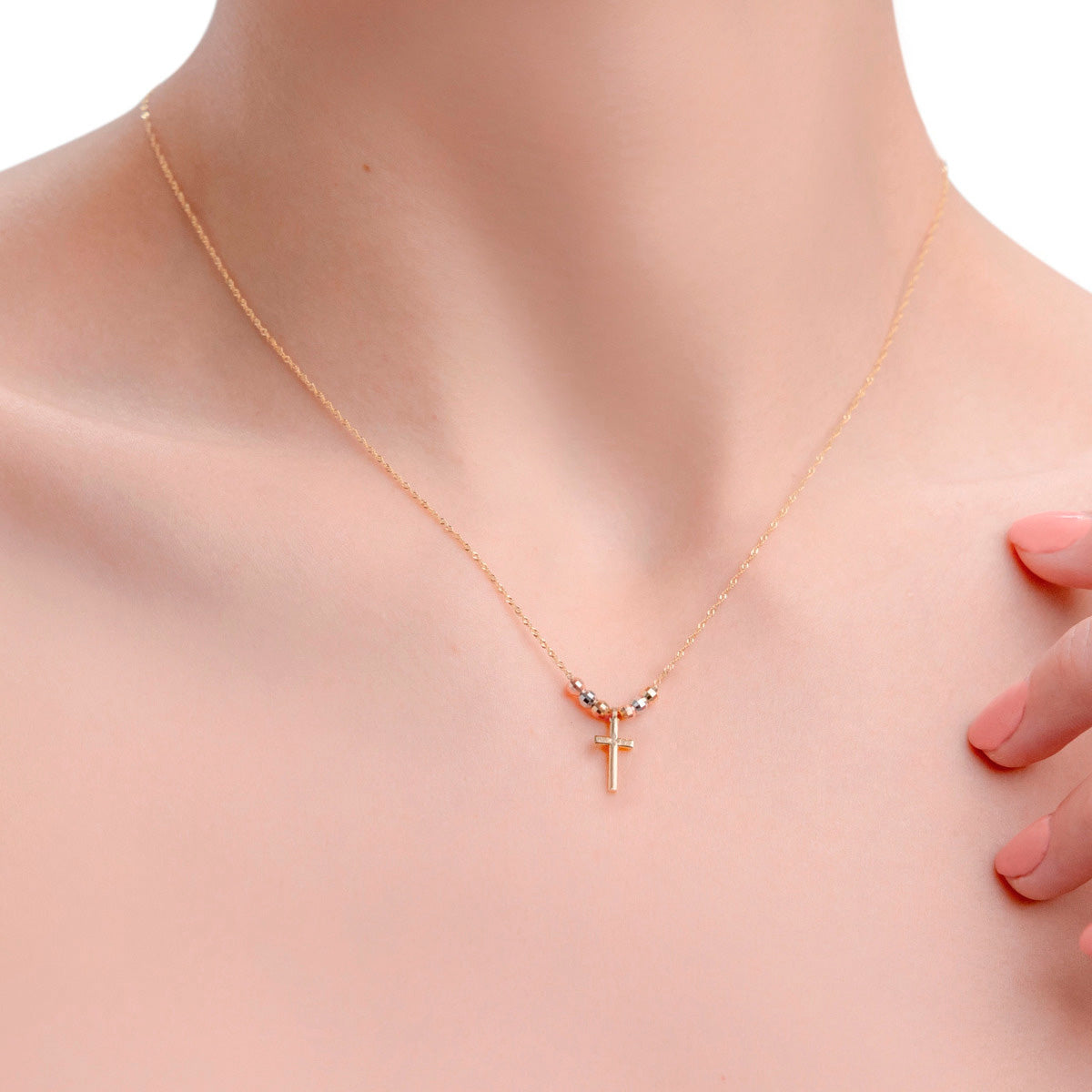 Gargantilla Italiana 14k De Cruz Y Bolas Tricolor