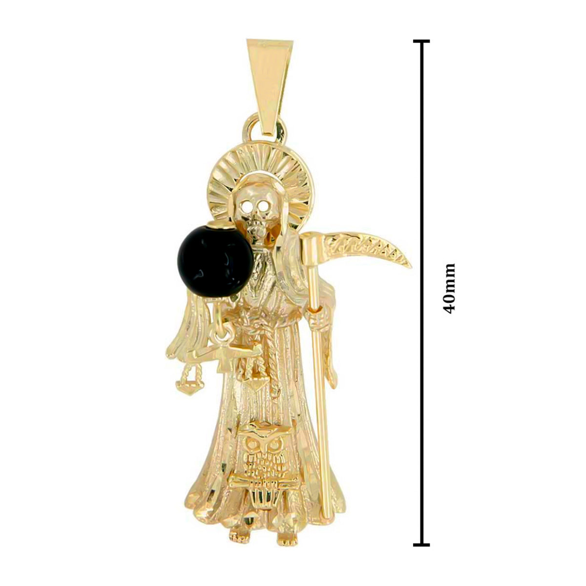 Collar De La Santa Muerte En Oro De 10k Con Piedra Ónix 4 Cm