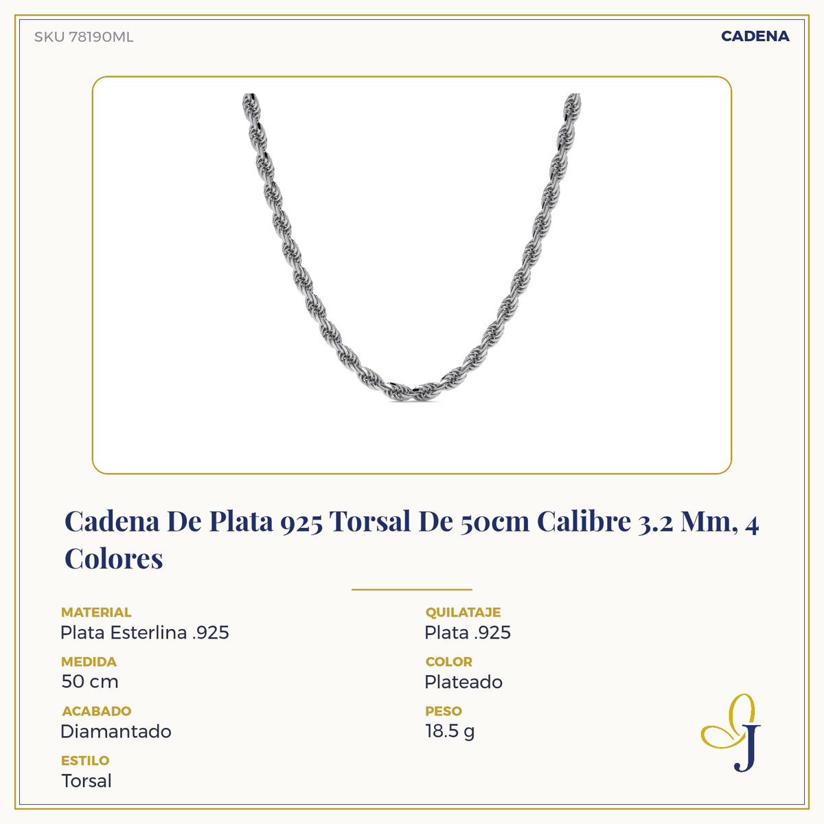 Cadena De Plata 925 Torsal Calibre 3.2 Mm, 4 Colores