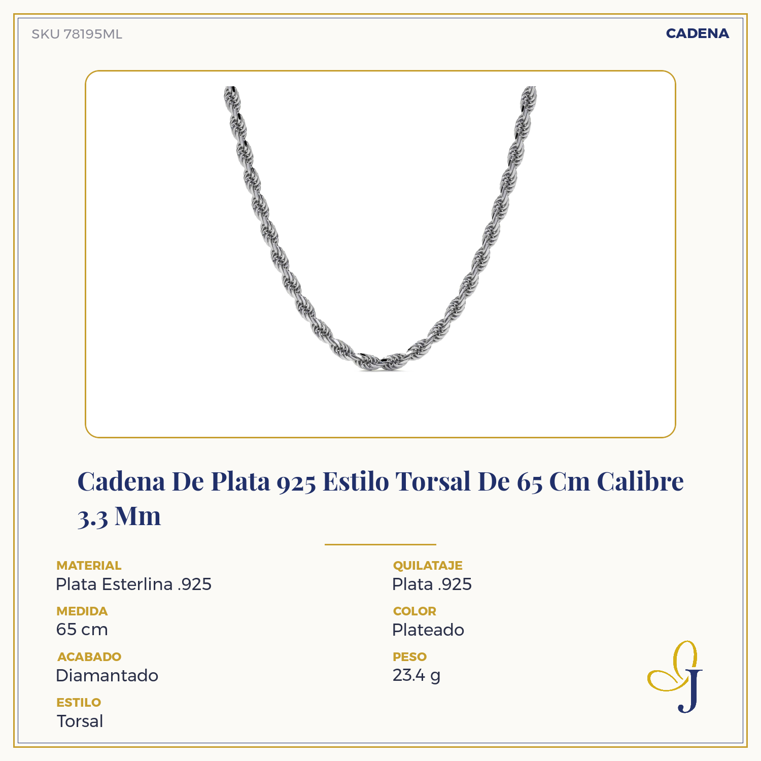 Cadena De Plata 925 Estilo Torsal De 65 Cm Calibre 3.3 Mm