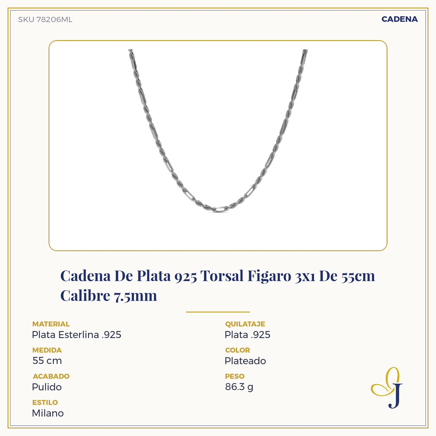 Cadena De Plata 925 Torsal Figaro 3x1 De 55cm Calibre 7.5mm