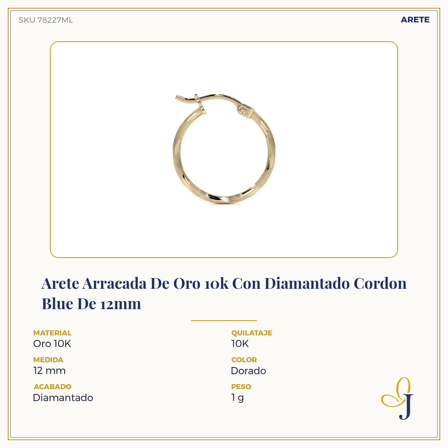 Arete Arracada Con Diamantado Cordon Blue De Oro