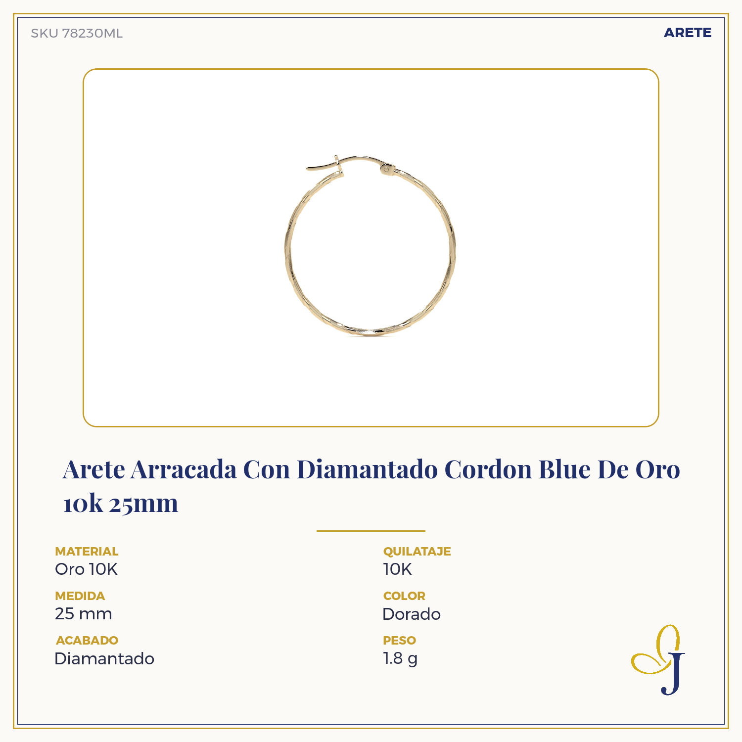 Arete Arracada Con Diamantado Cordon Blue De Oro