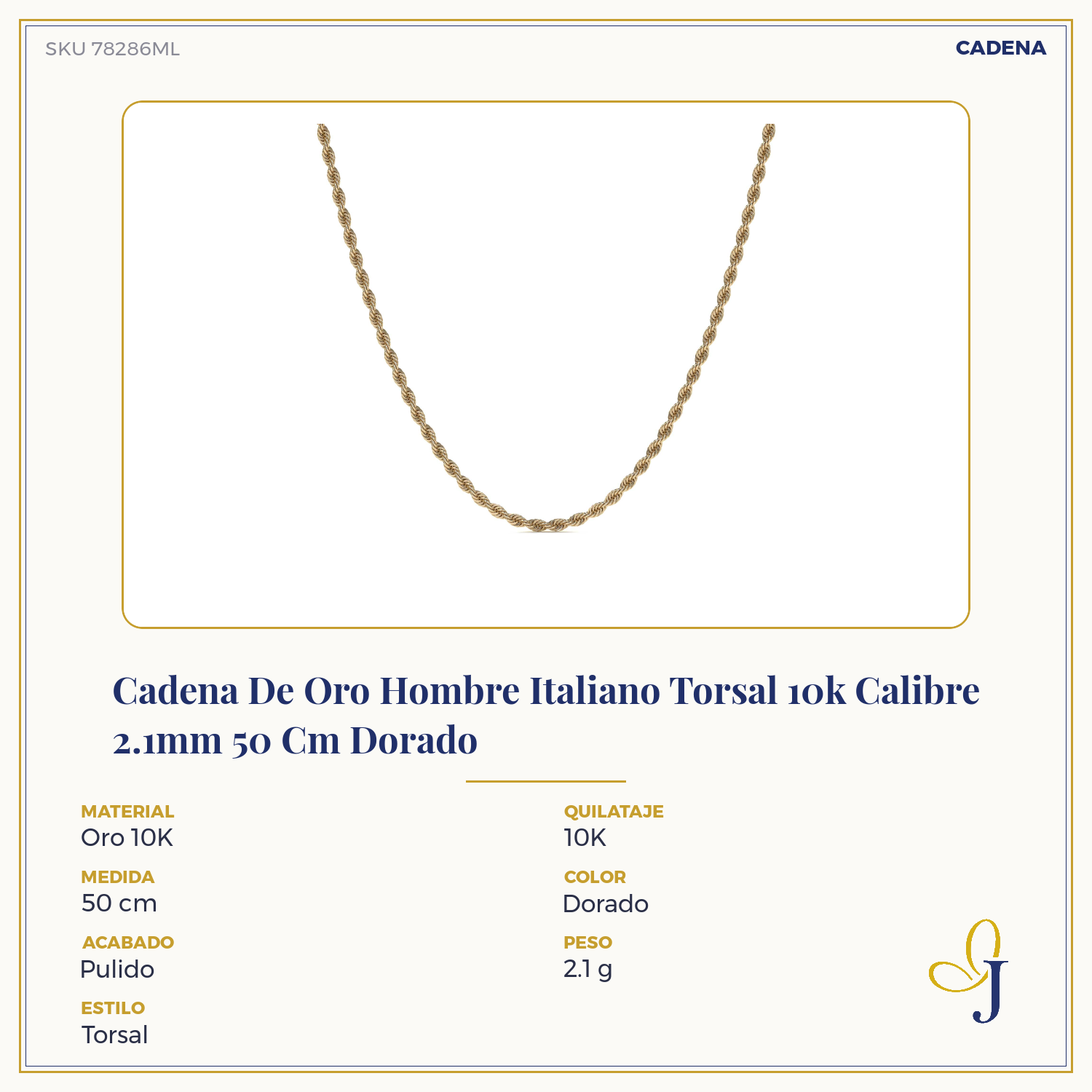 Cadena De Oro Hombre Italiano Torsal 10k Calibre 2.1mm 50 Cm Dorado