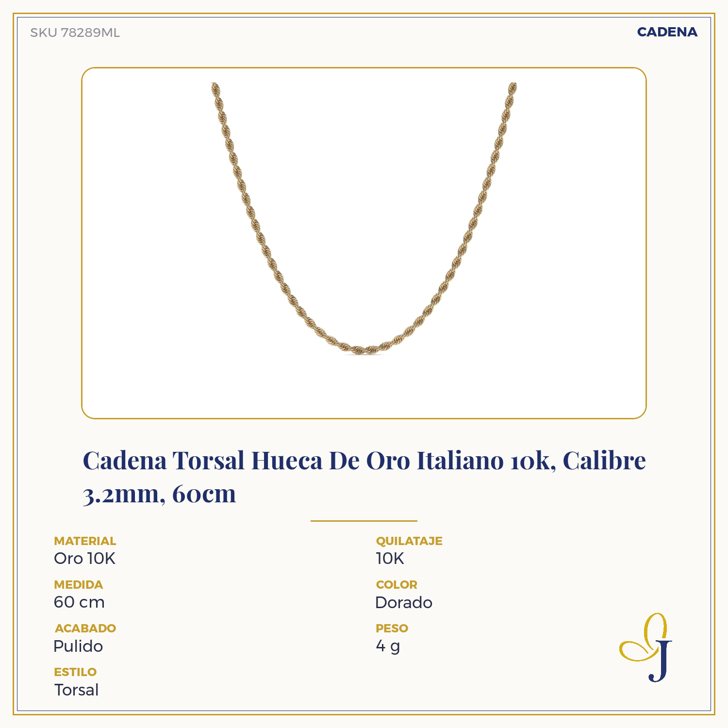 Cadena Torsal Hueca De Oro Italiano 10k, Calibre 3.2mm, 60cm