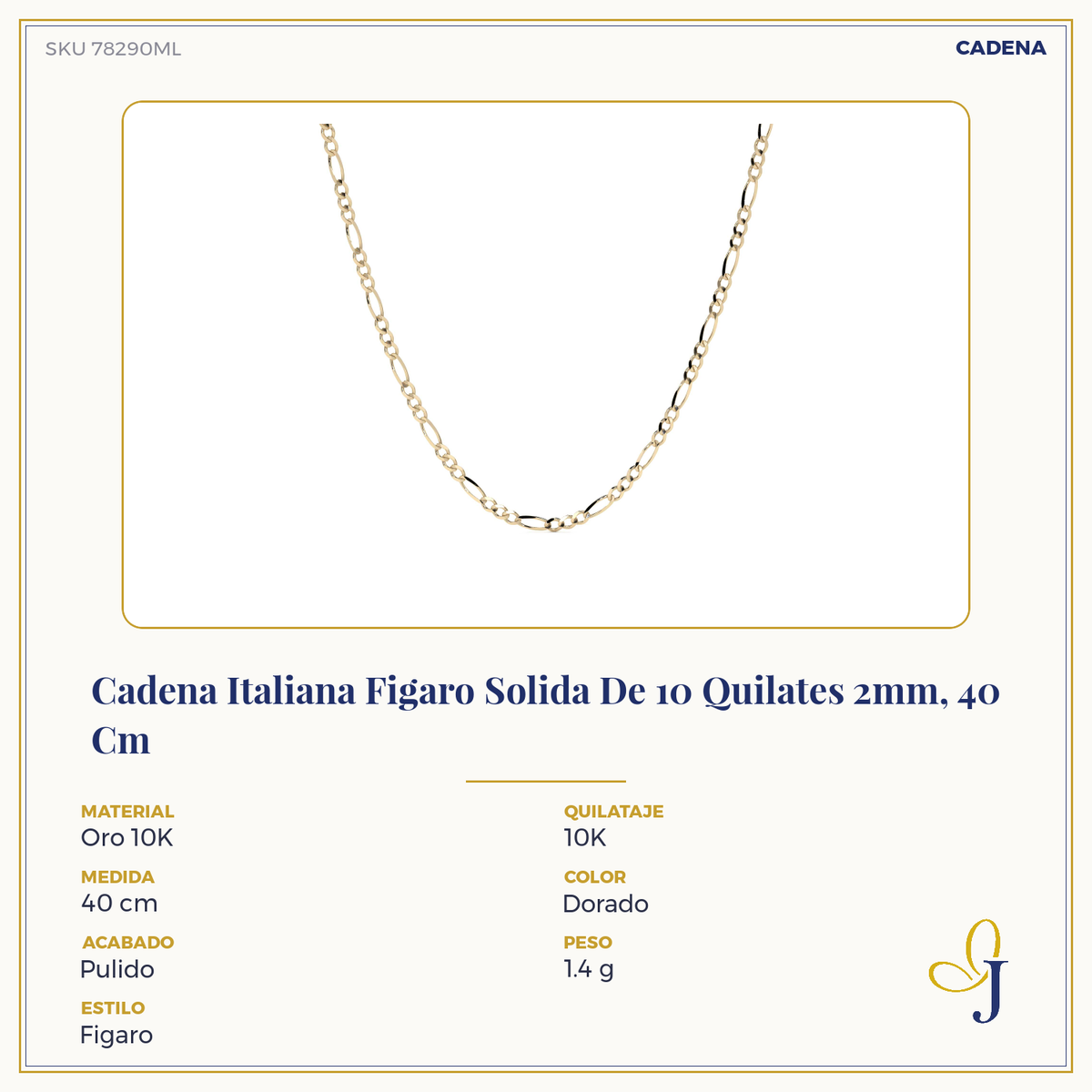 Cadena Italiana Figaro Solida De 10 Quilates 2mm