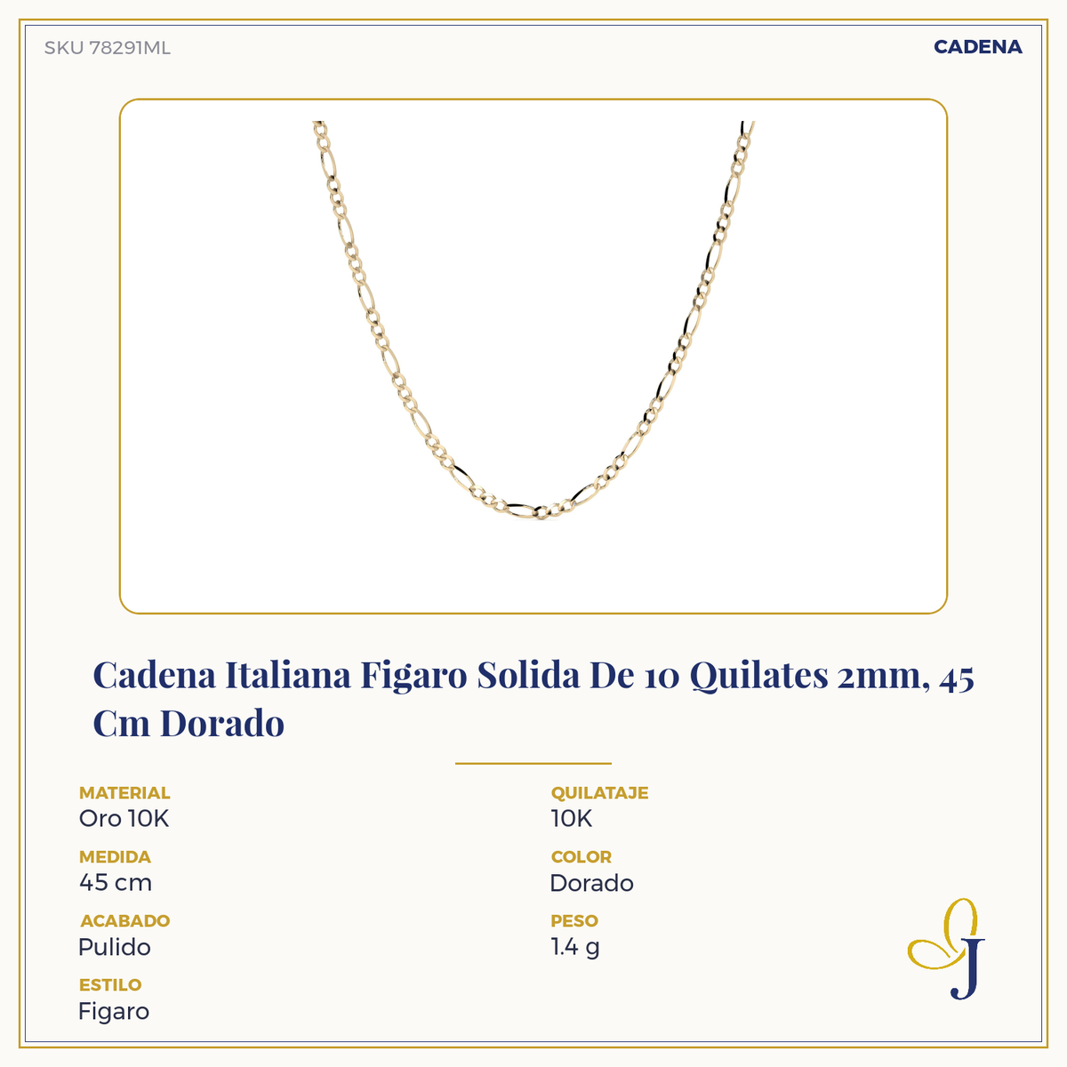 Cadena Italiana Figaro Solida De 10 Quilates 2mm