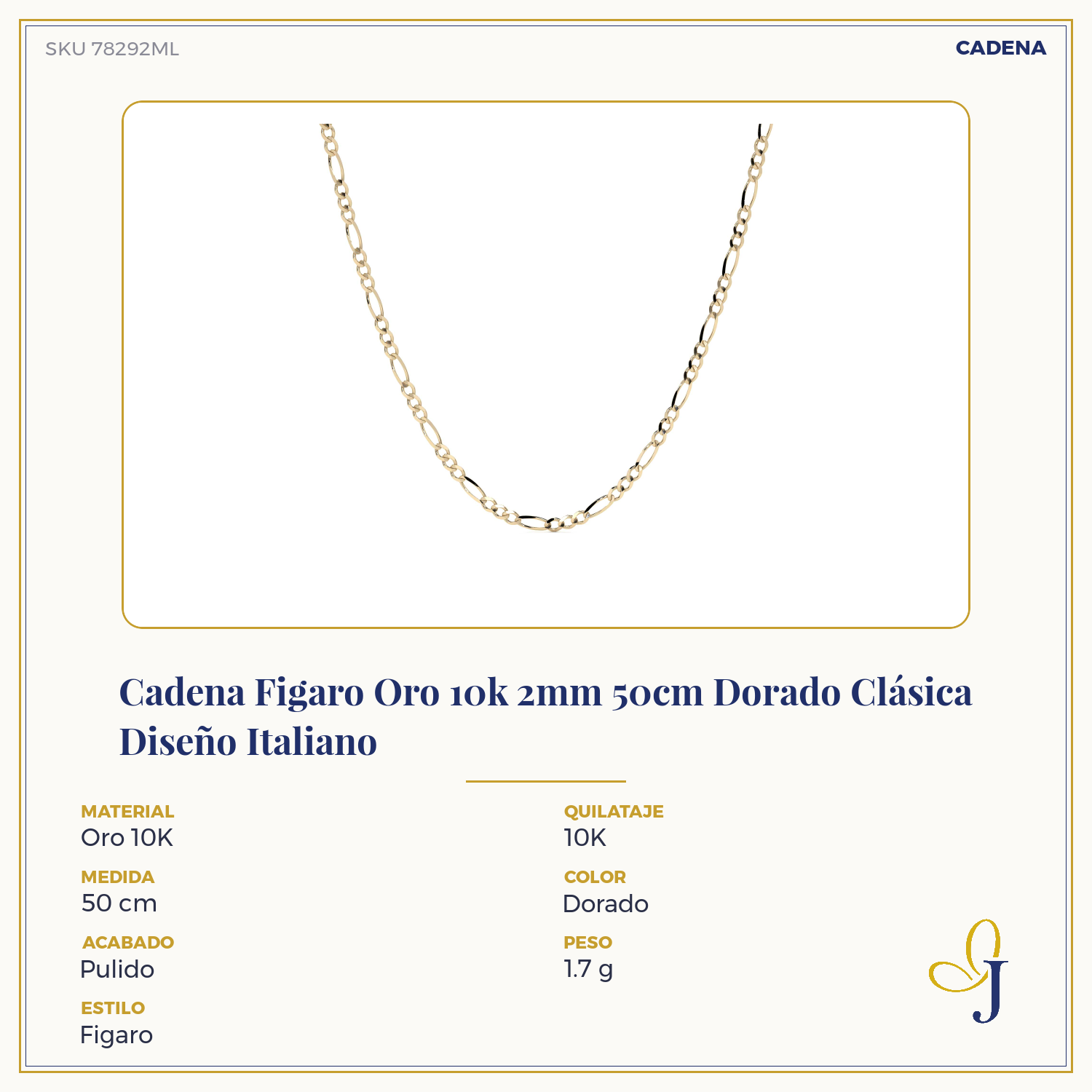 Cadena Figaro Oro 10k 2mm 50cm Dorado Clásica Diseño Italiano