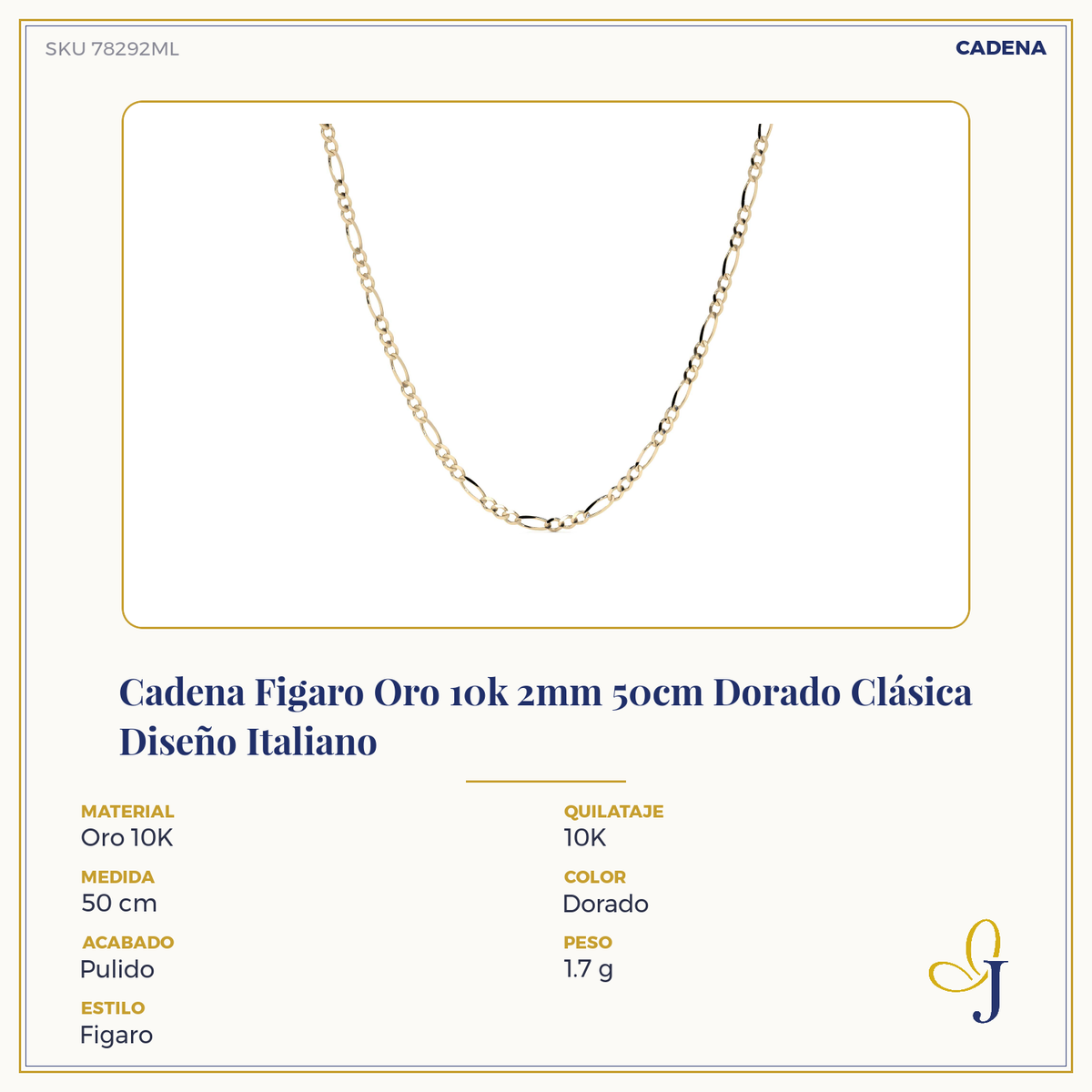 Cadena Figaro Oro 10k 2mm 50cm Dorado Clásica Diseño Italiano