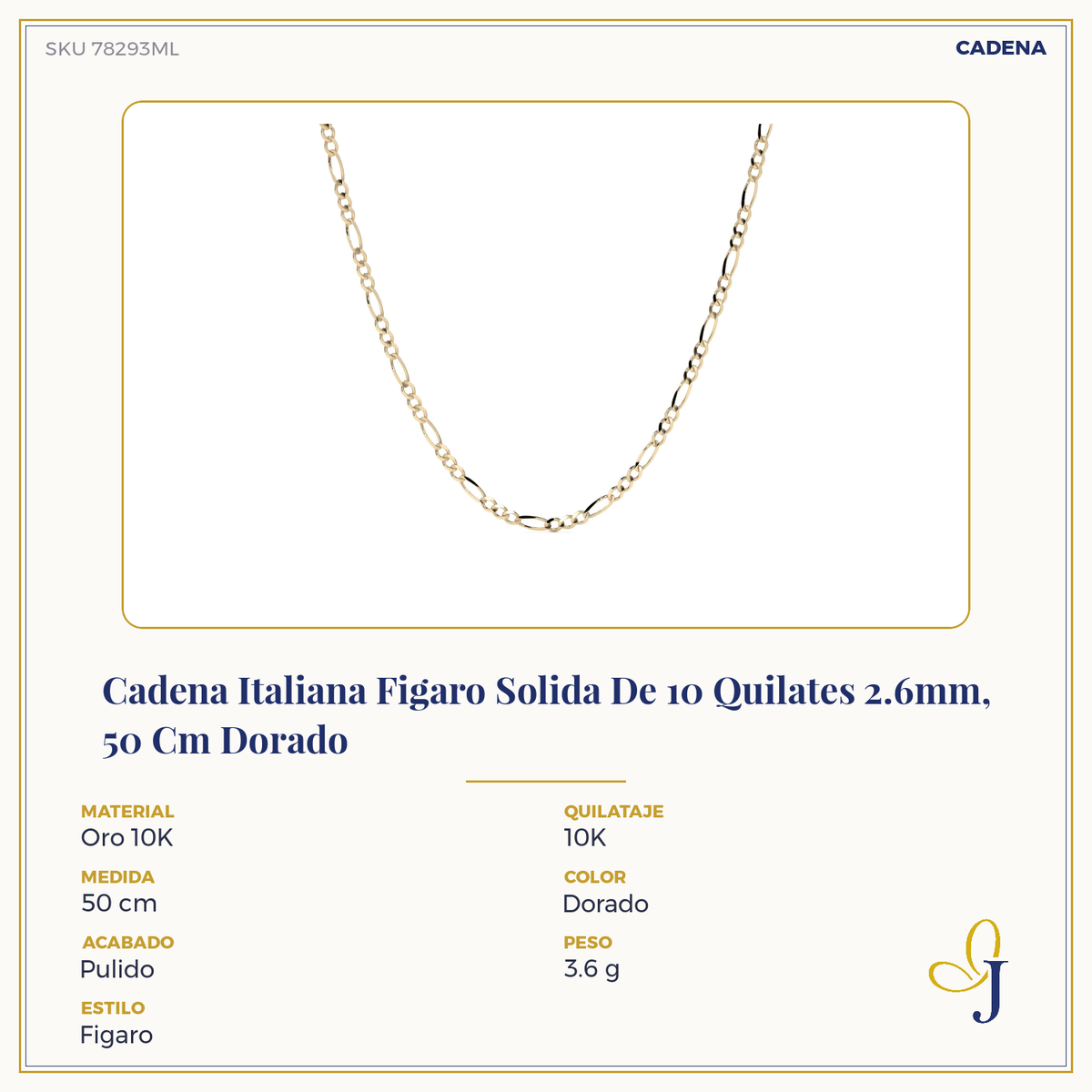 Cadena de Oro 10K 50cm Figaro 3x1, Collar de Oro Italiano 2.6mm con Broche de Argolla