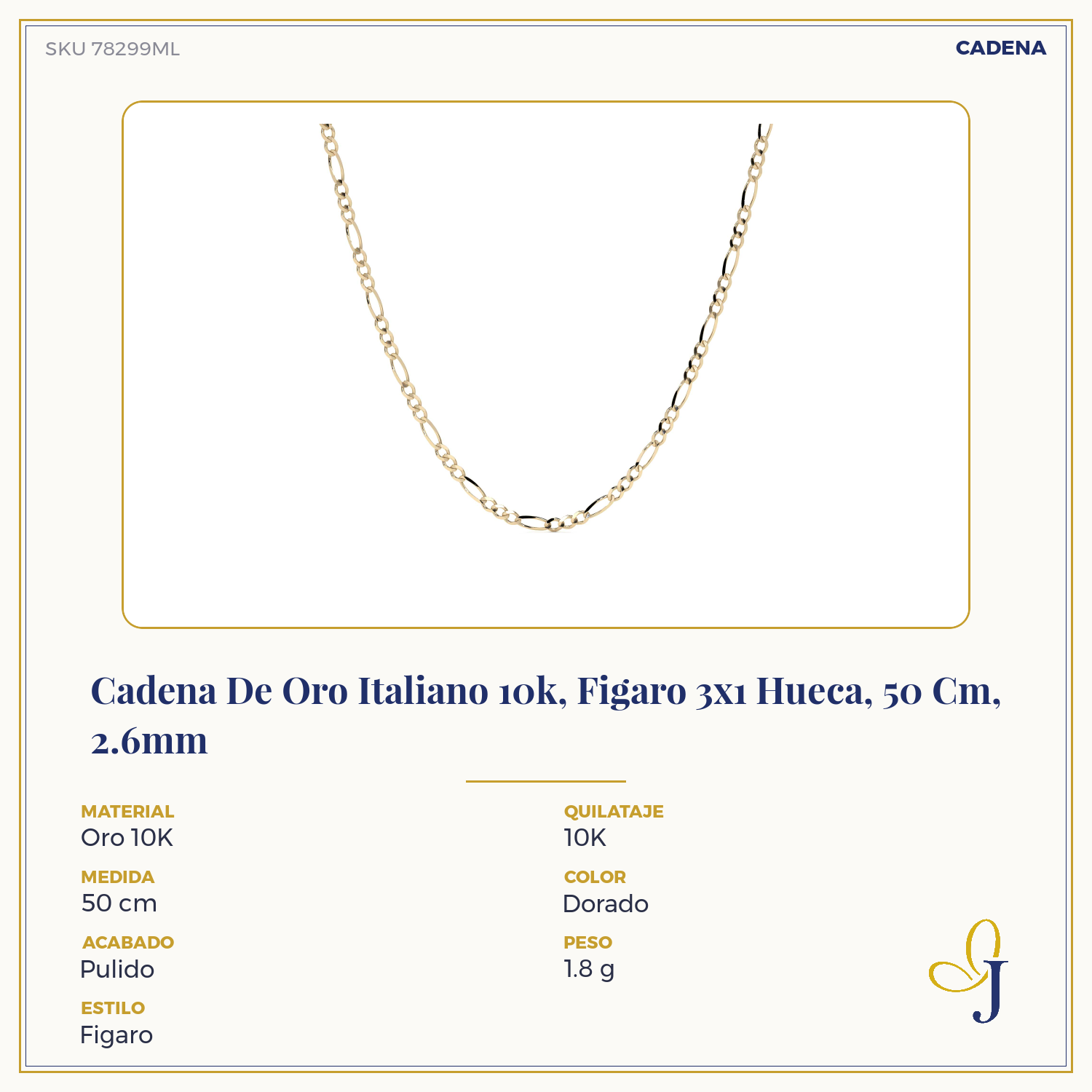 Cadena De Oro Italiano 10k, Estilo Figaro 3x1 Hueca, 40 Cm Dorado
