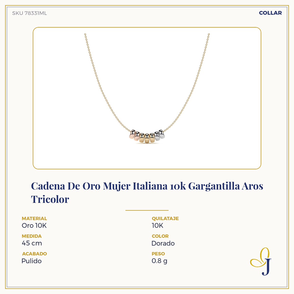 Cadena De Oro Mujer Italiana 10k Gargantilla Aros Tricolor