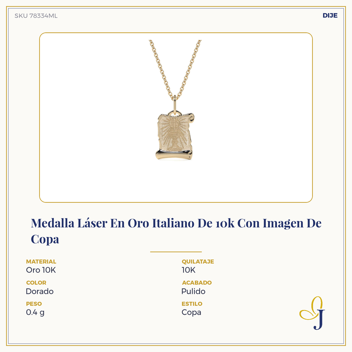 Dije de Oro 10K Medalla Religiosa Sagrado Caliz | Dije Oro Italiano 12mm | Joyería Fina
