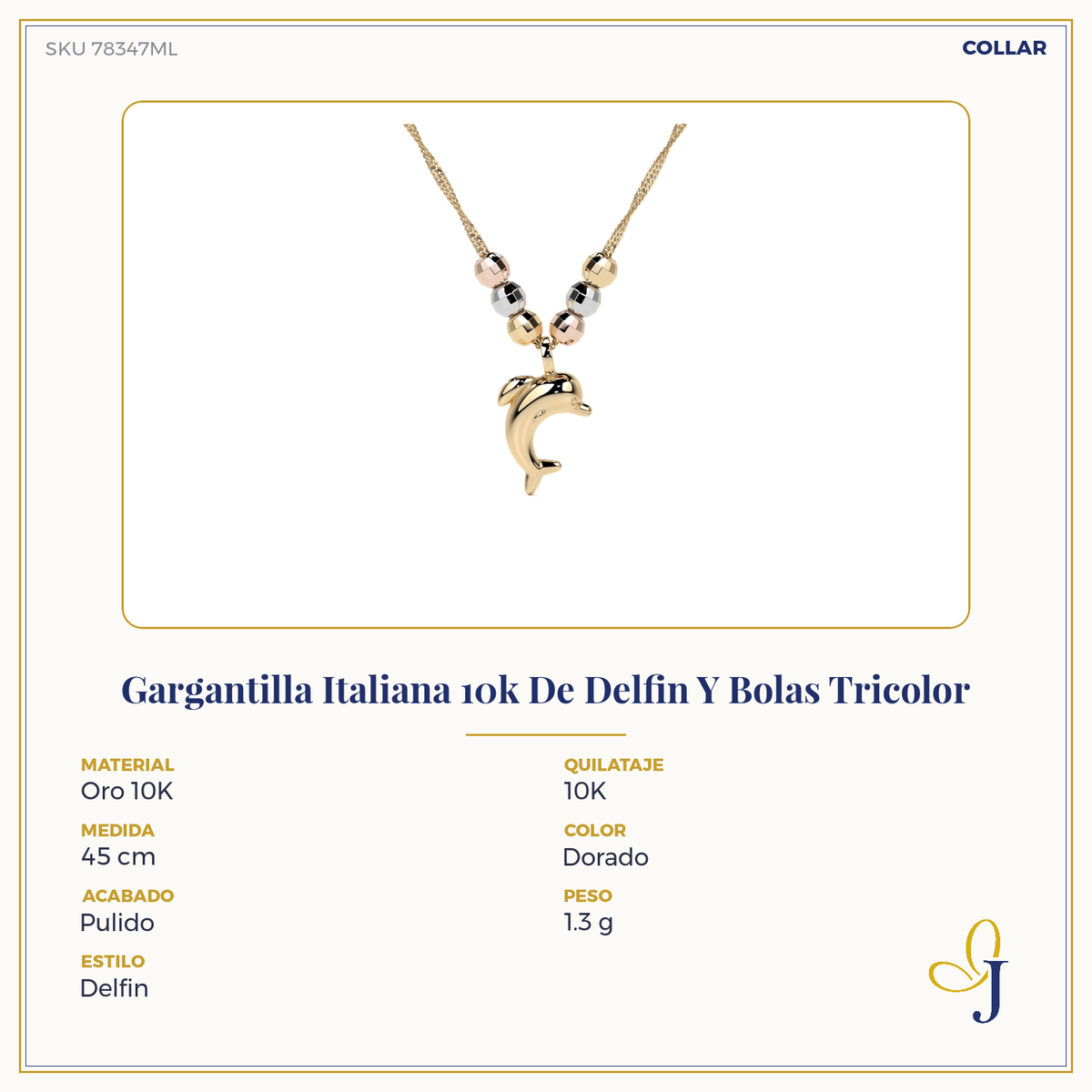 Gargantilla Italiana 10k De Delfin Y Bolas Tricolor