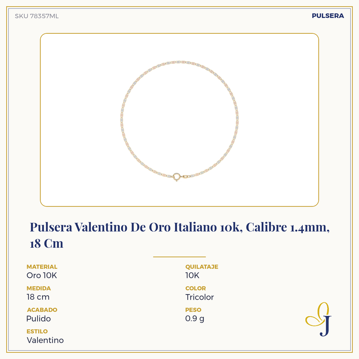 Pulsera de Oro 10K Estilo Italiano Valentino | Brazalete Delicado en Oro Amarillo o Tricolor