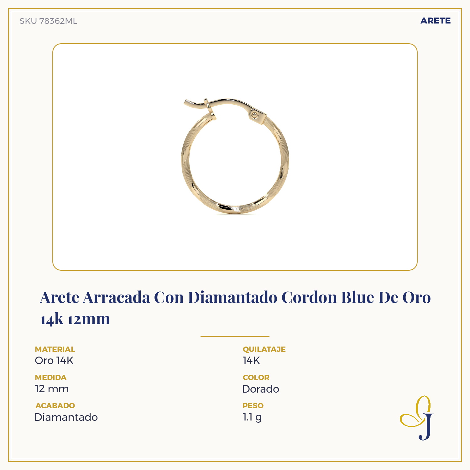 Arete Arracada Con Diamantado Cordon Blue De Oro
