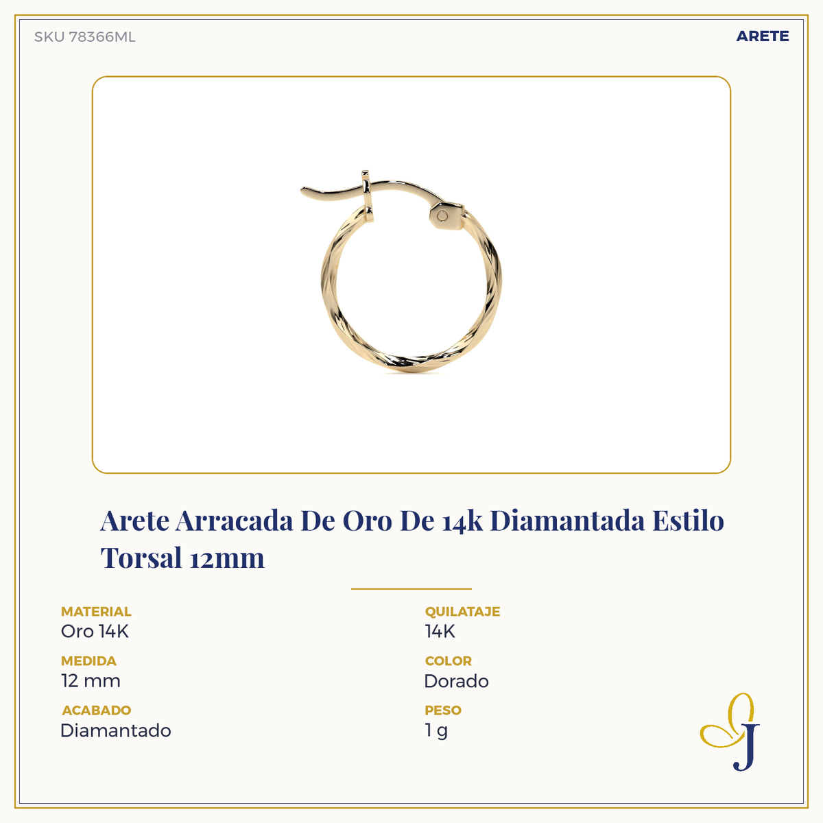 Arete Arracada De Oro De 14k Diamantada Estilo Torsal