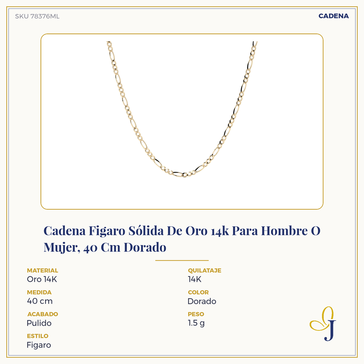 Cadena de Oro 14K Figaro 3x1, Collar de Oro Italiano 2.0mm con Broche de Argolla | Joyería Fina