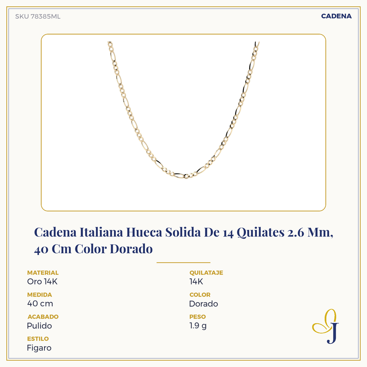 Cadena de Oro 14K Figaro 3x1 Hueca para Hombre y Mujer | Collar Italiano 2.6mm con Broche de Argolla | 40 a 60 cm