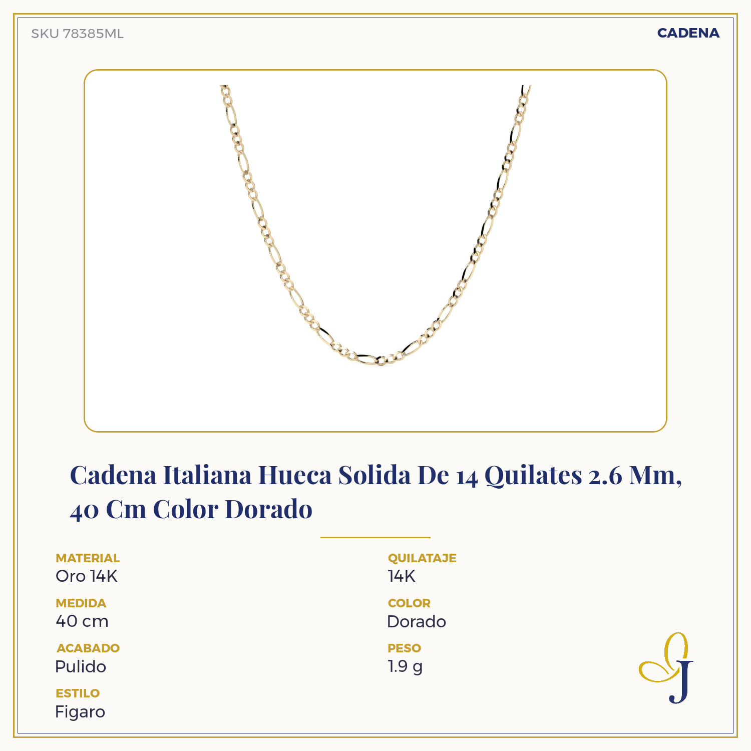 Cadena De Oro Italiano 10k, Estilo Figaro 3x1 Hueca, 40 Cm Dorado