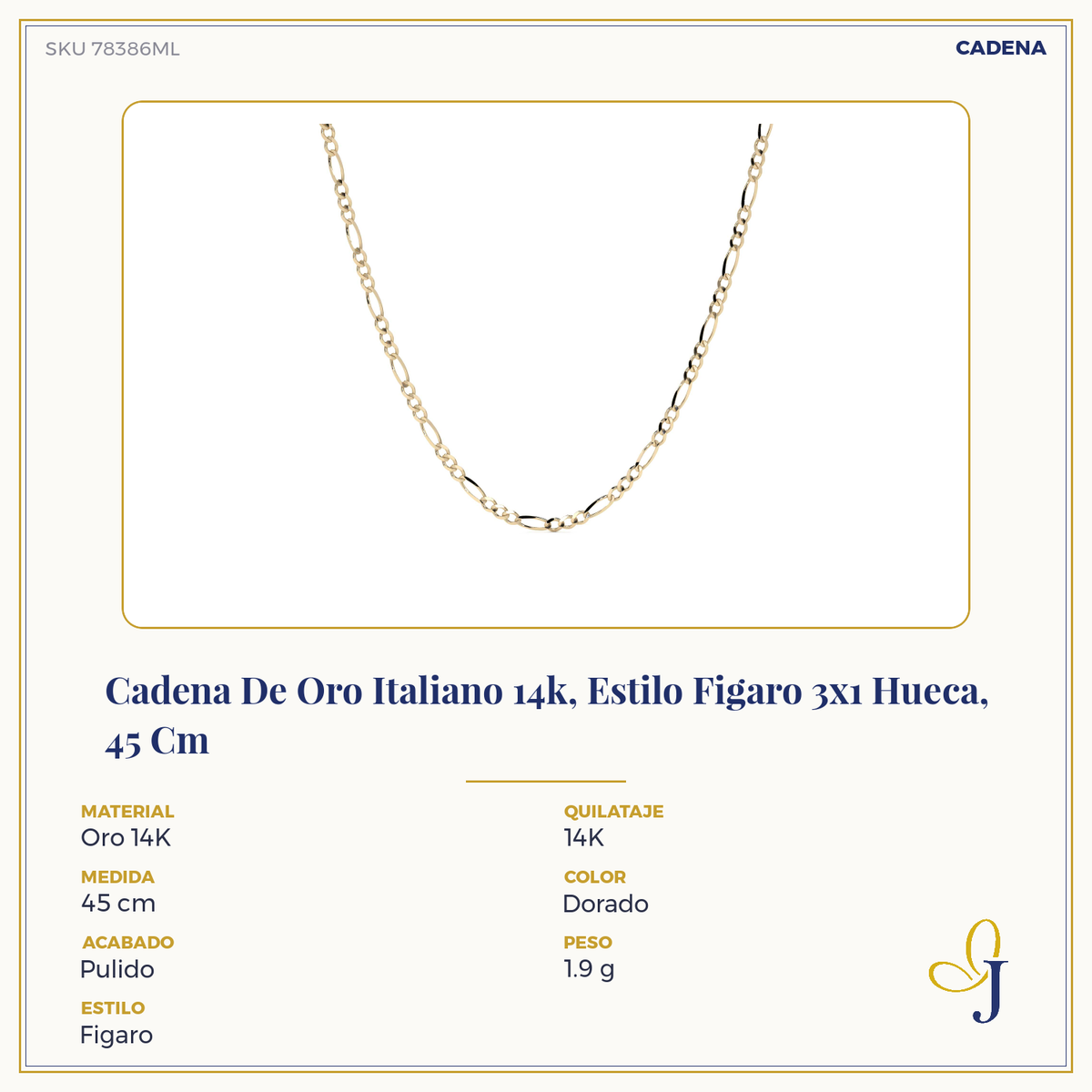 Cadena de Oro 14K Figaro 3x1 Hueca para Hombre y Mujer | Collar Italiano 2.6mm con Broche de Argolla | 40 a 60 cm