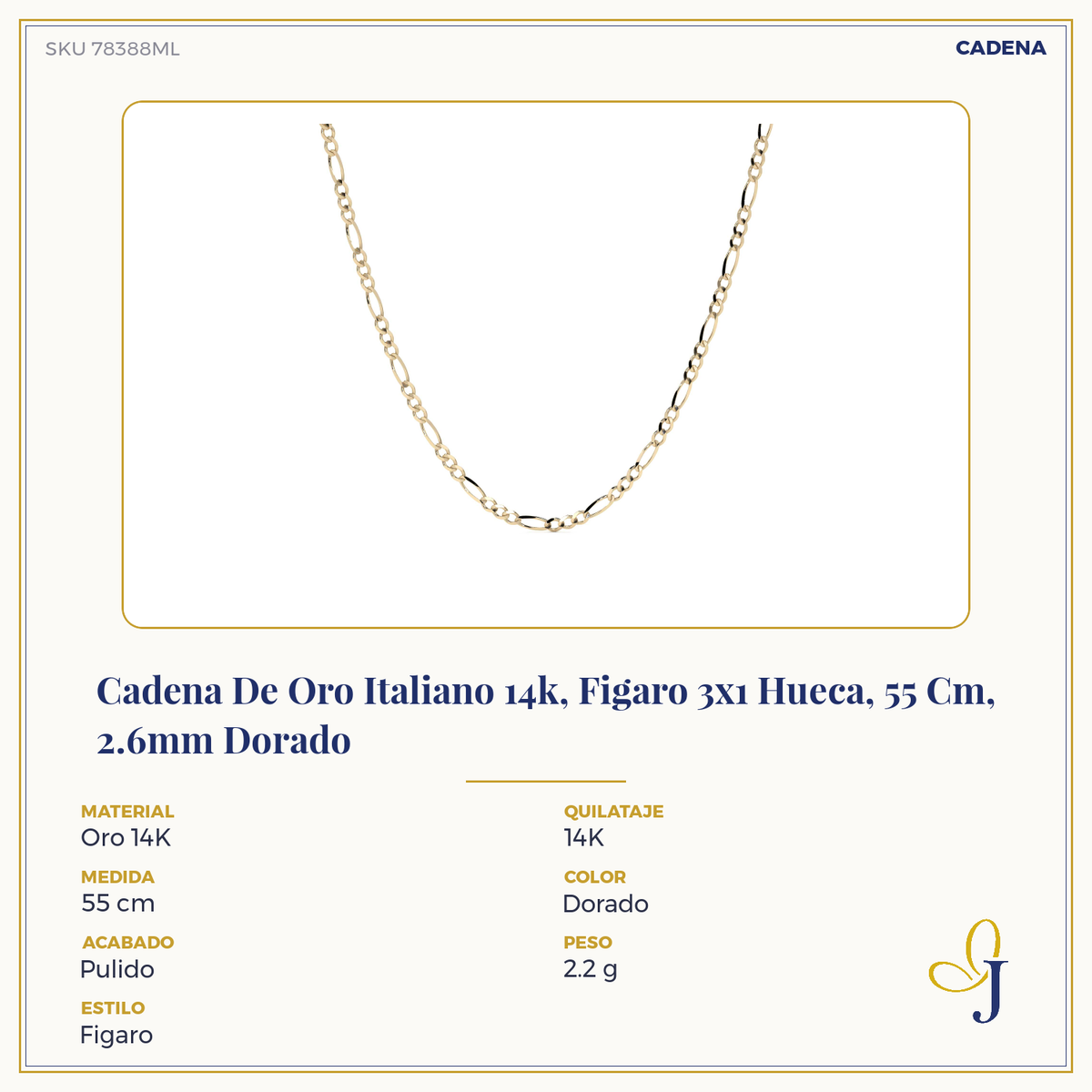 Cadena de Oro 14K Figaro 3x1 Hueca para Hombre y Mujer | Collar Italiano 2.6mm con Broche de Argolla | 40 a 60 cm