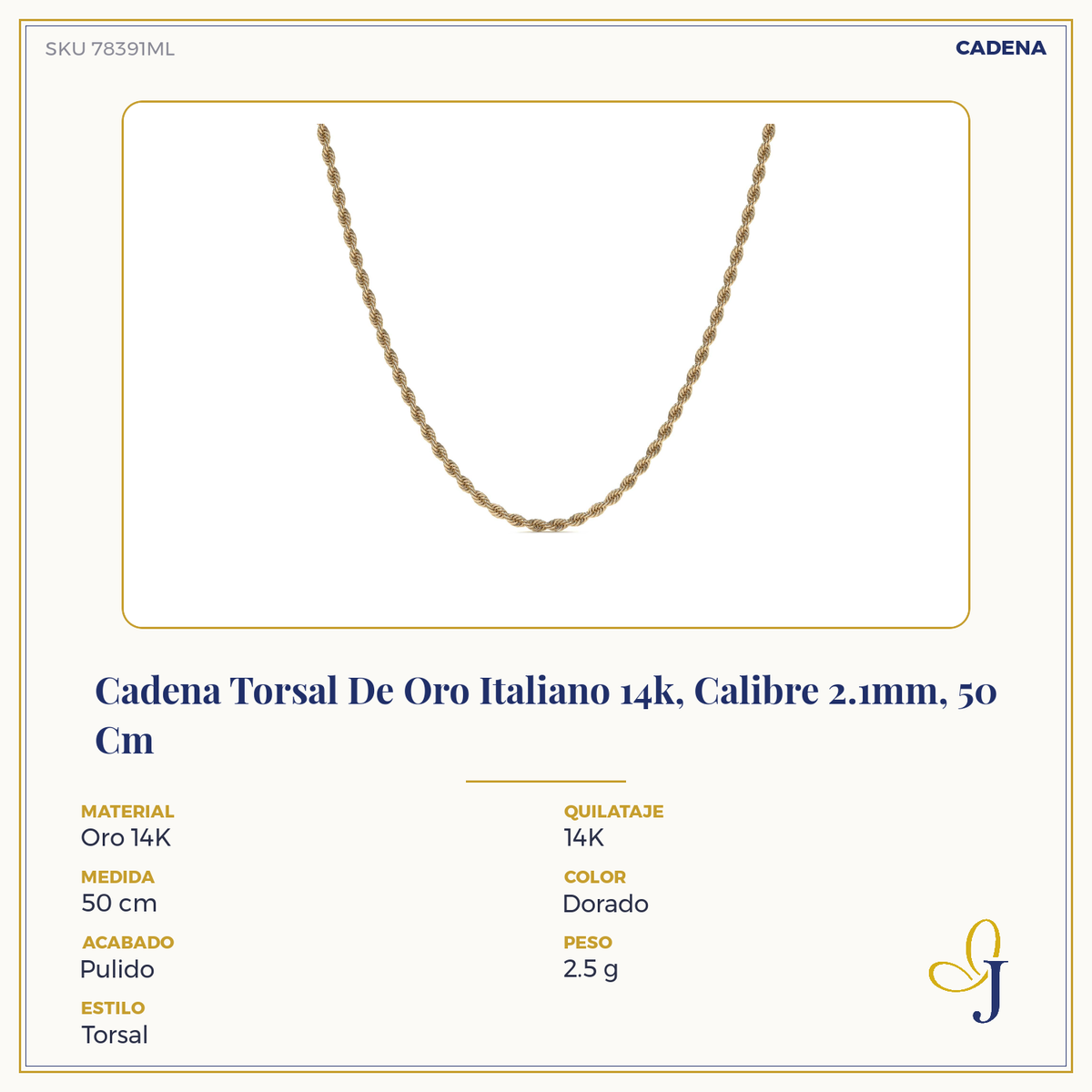 Cadena De Oro Italiano 14k Torsal Calibre Hombre 2.1mm
