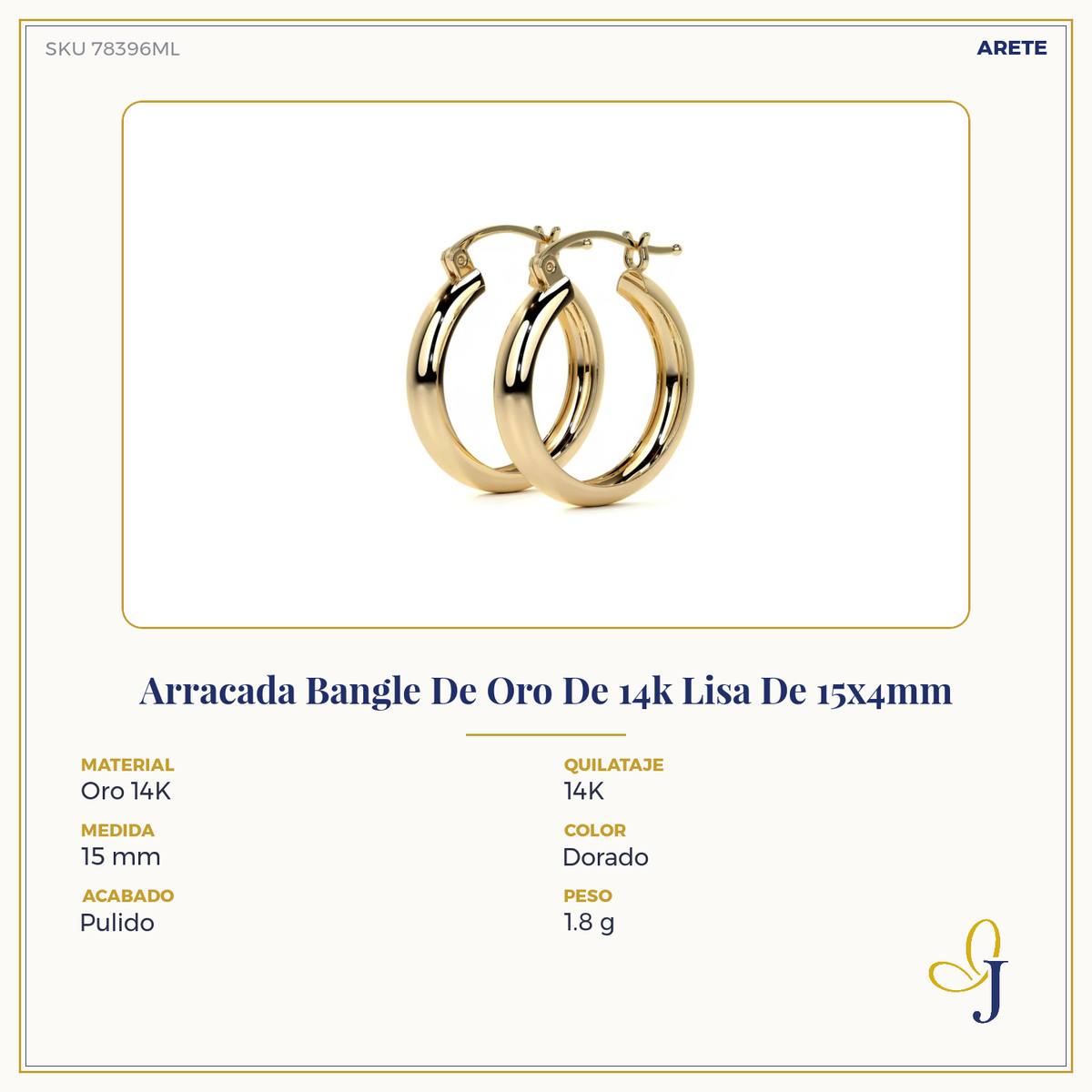 Arracada Bangle De Oro De 14k Lisa De 4mm de Ancho