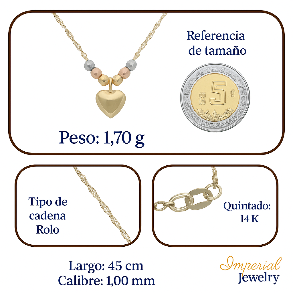 Gargantilla Italiana 14k o 10K De Corazón Inflado Y Bolas Tricolor