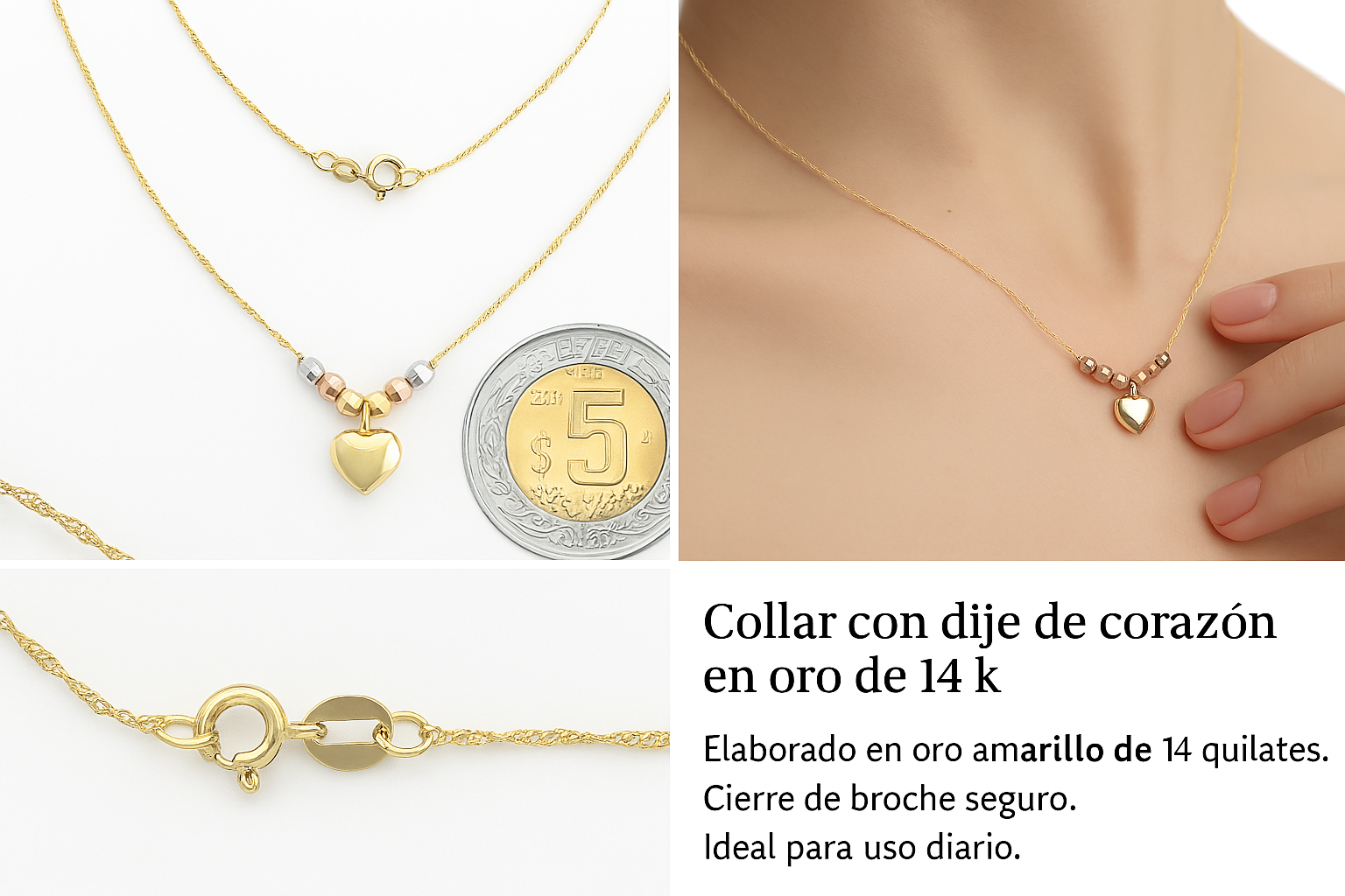 Gargantilla Italiana 14k o 10K De Corazón Inflado Y Bolas Tricolor