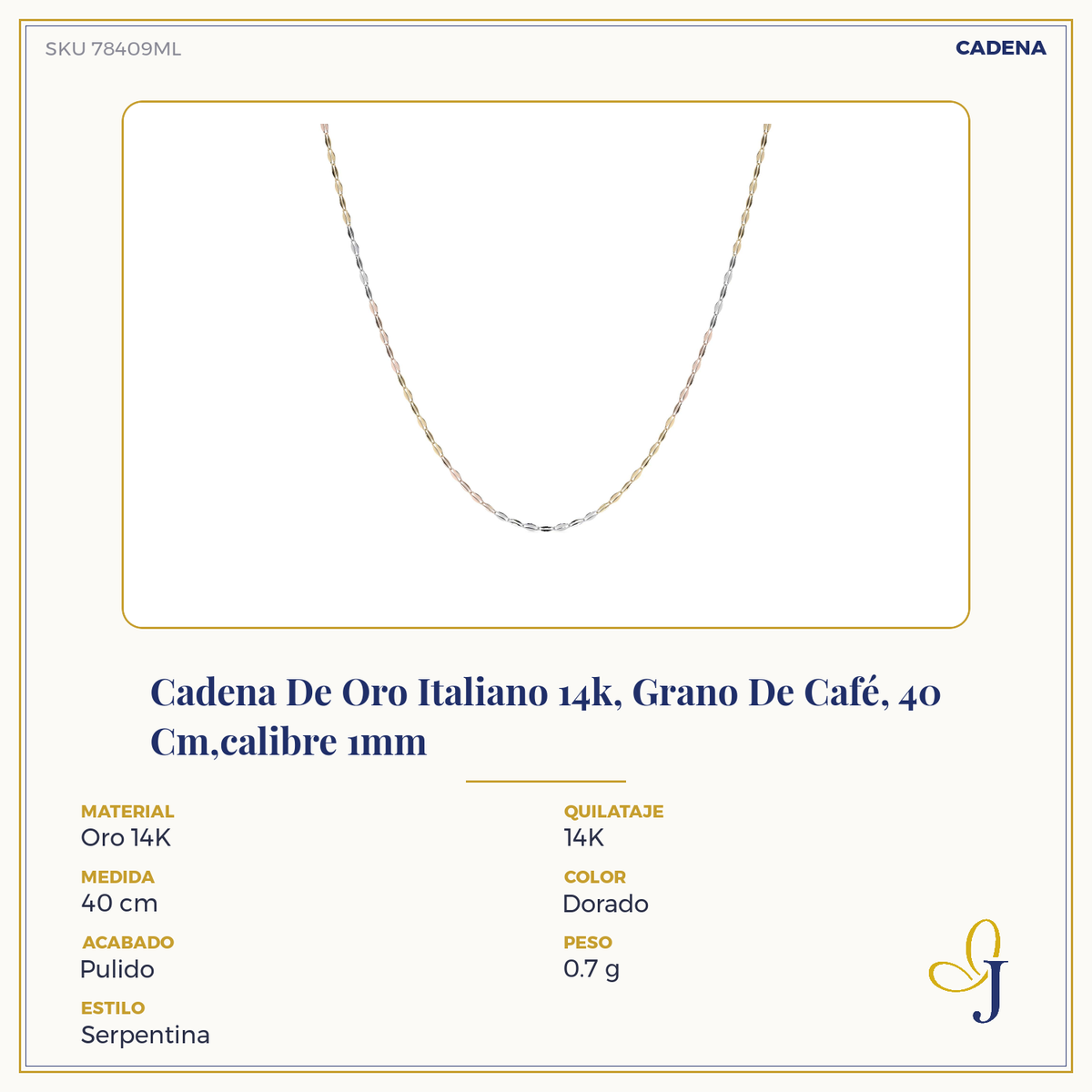 Cadena de Oro 14K Grano de Café Tricolor | Collar Italiano 1mm Oro Blanco, Amarillo y Rosa | 40 a 55 cm