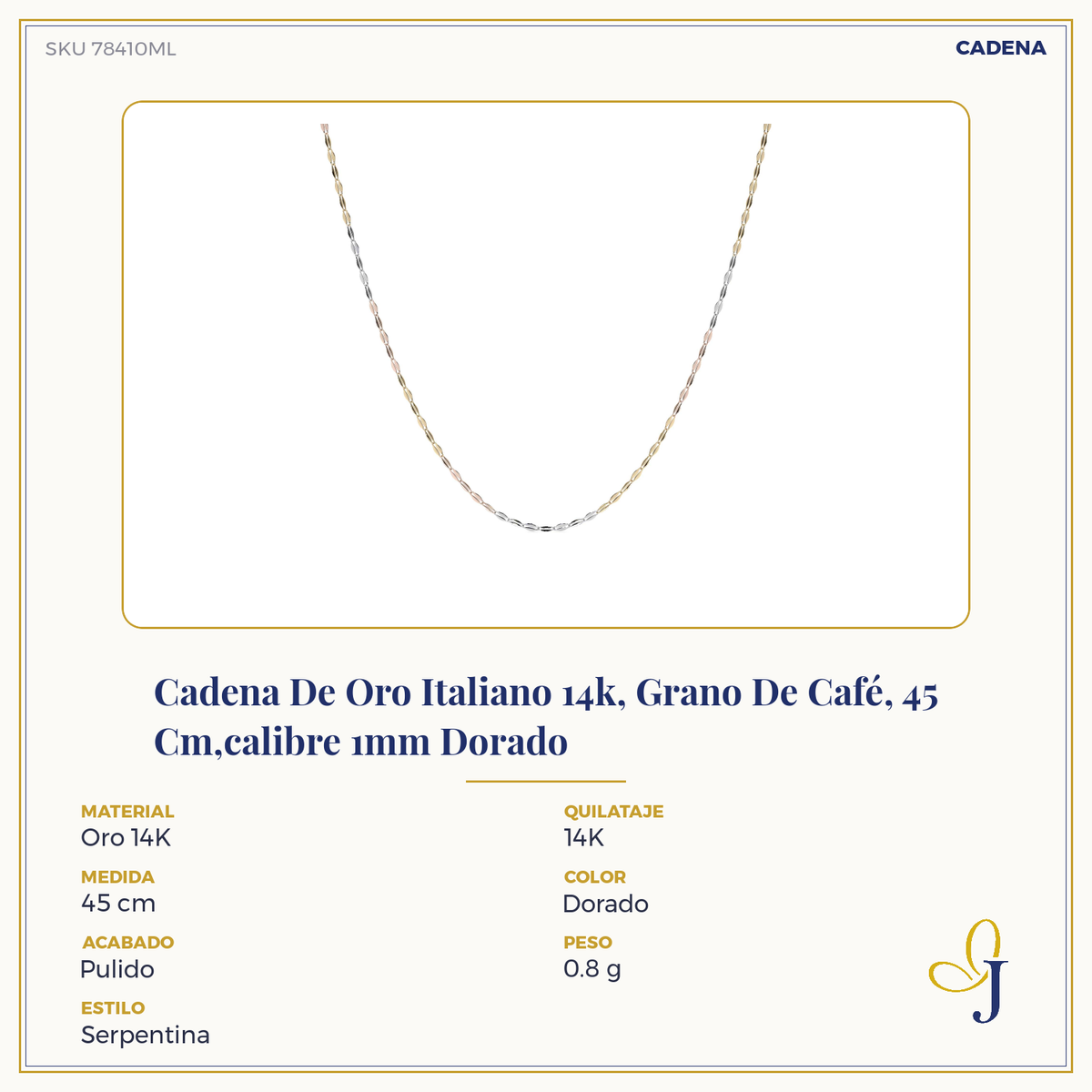 Cadena de Oro 14K Grano de Café Tricolor | Collar Italiano 1mm Oro Blanco, Amarillo y Rosa | 40 a 55 cm