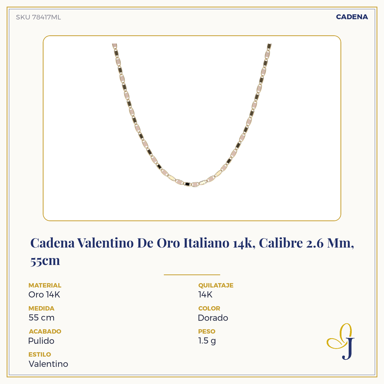 Cadena Valentino De Oro Italiano 14k, Calibre 2.6 Mm, 55cm
