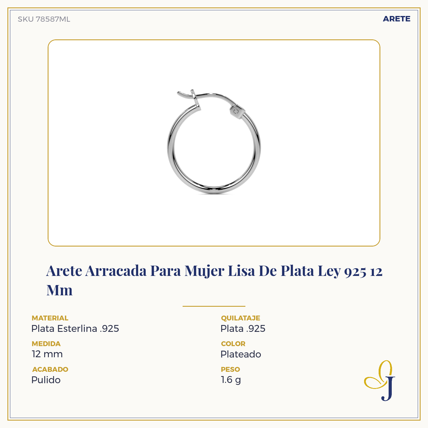 Arete Arracada Para Mujer Lisa De Plata Ley 925 12 Mm