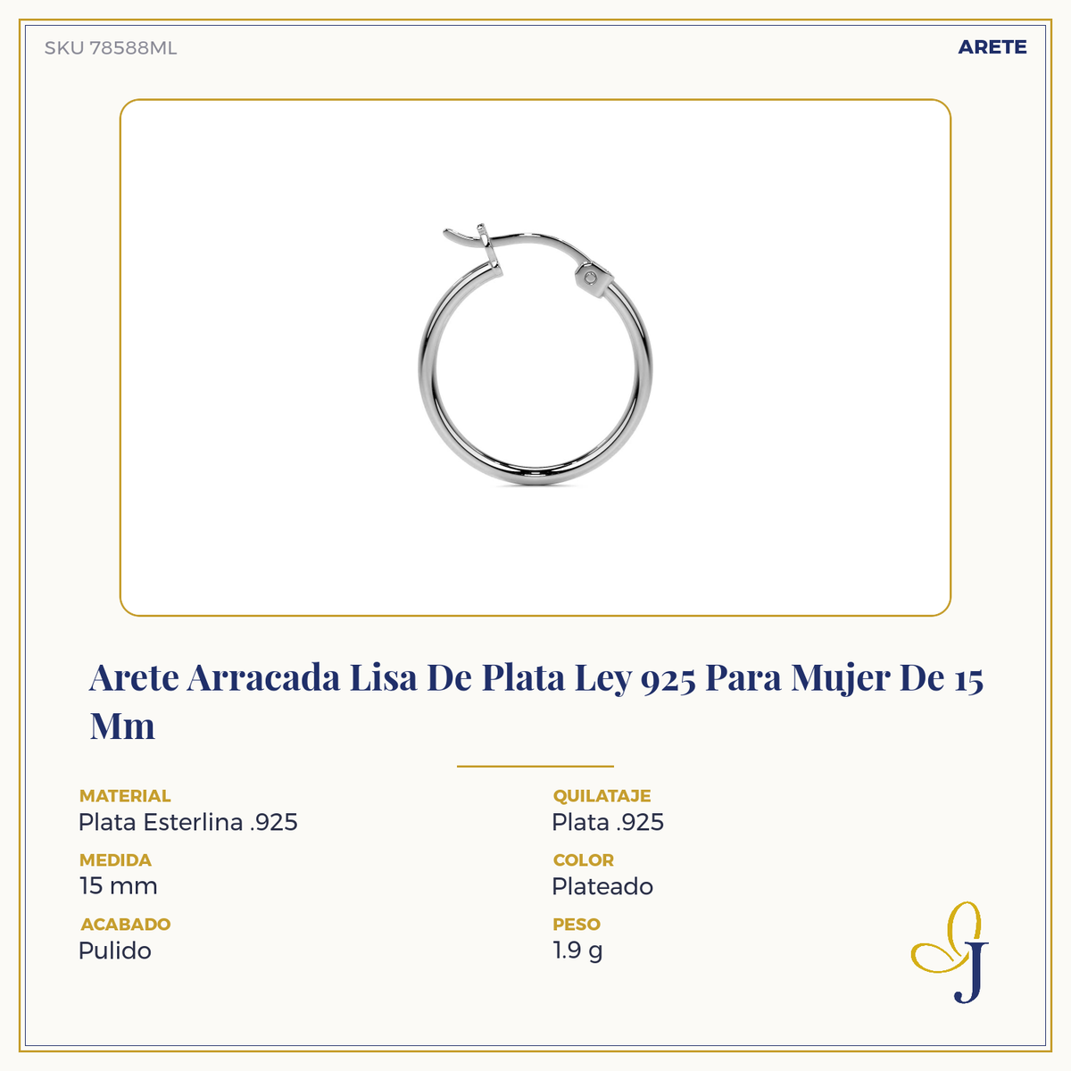 Arete Arracada Lisa De Plata Ley 925 Para Mujer De 15 Mm