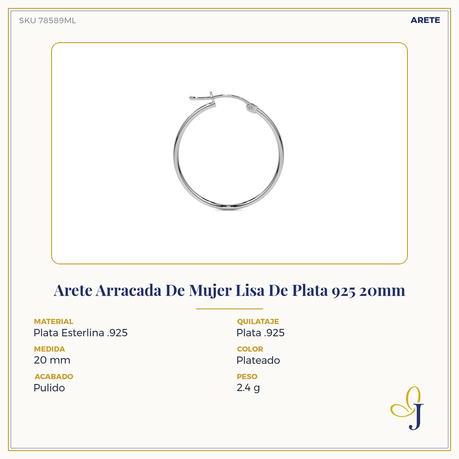 Arete Arracada De Mujer Lisa De Plata 925 20mm