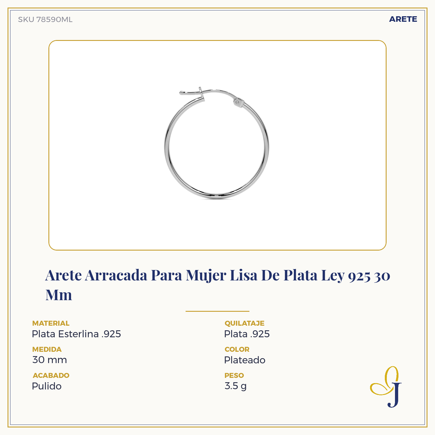 Arete Arracada Para Mujer Lisa De Plata Ley 925 30 Mm