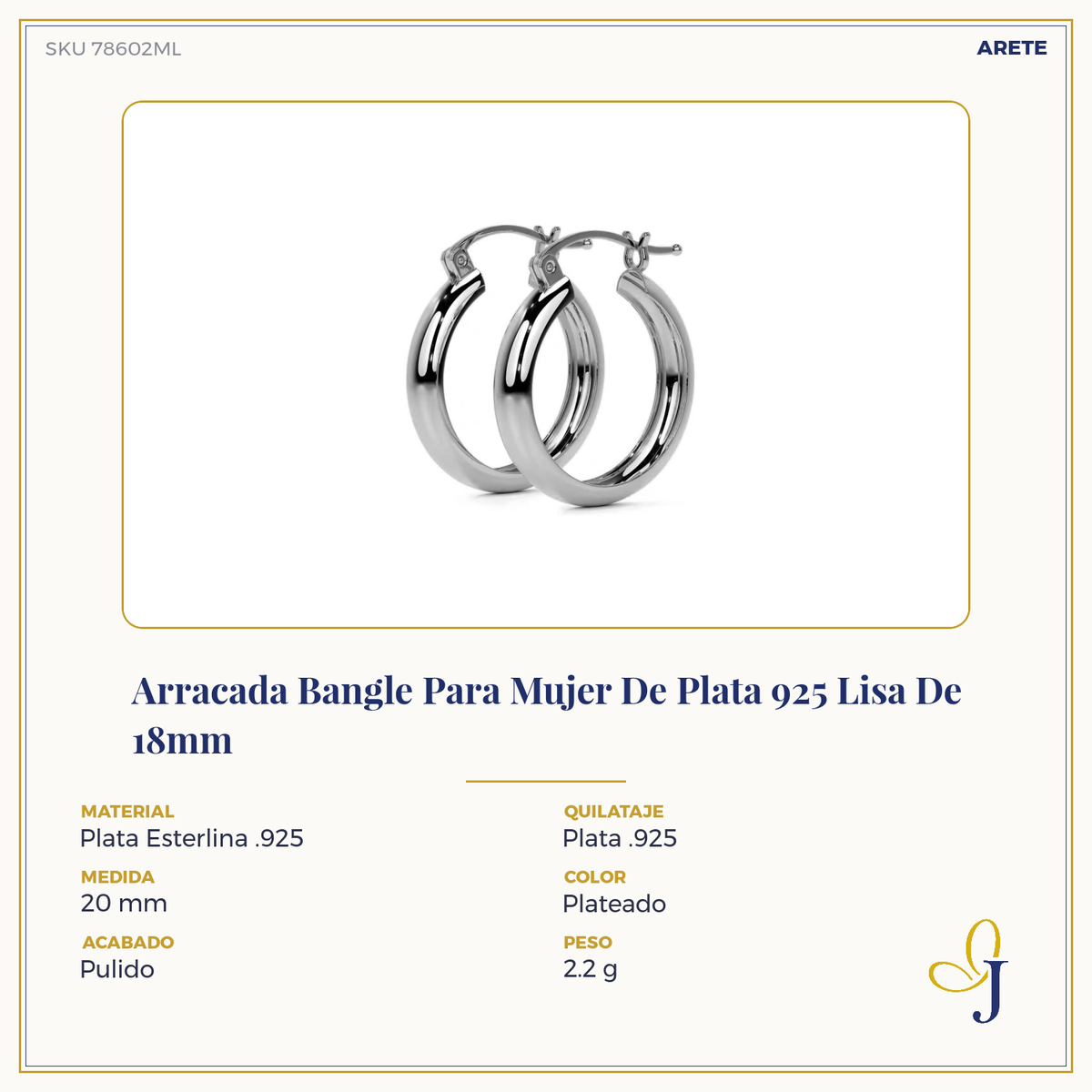 Arracada Bangle Para Mujer De Plata 925 Lisa 4 mm de Ancho