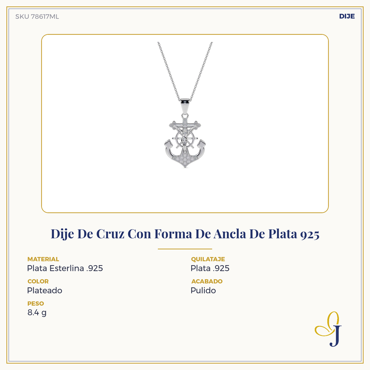 Dije De Cruz Con Forma De Ancla De Plata 925