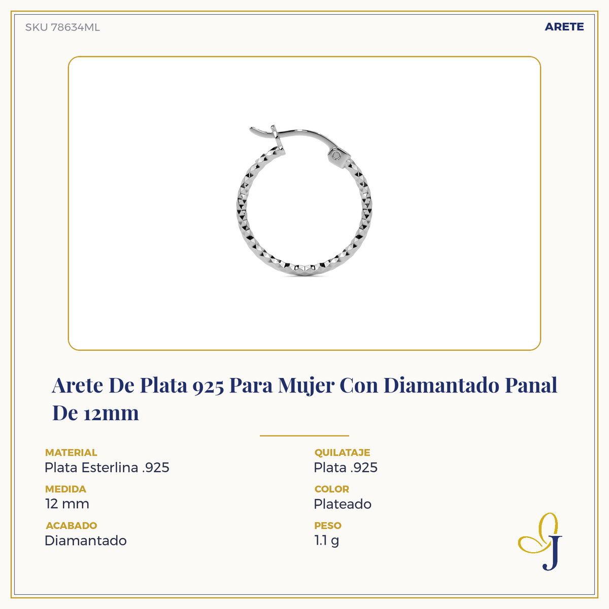 Arete De Plata 925 Para Mujer Con Diamantado Panal De 12mm