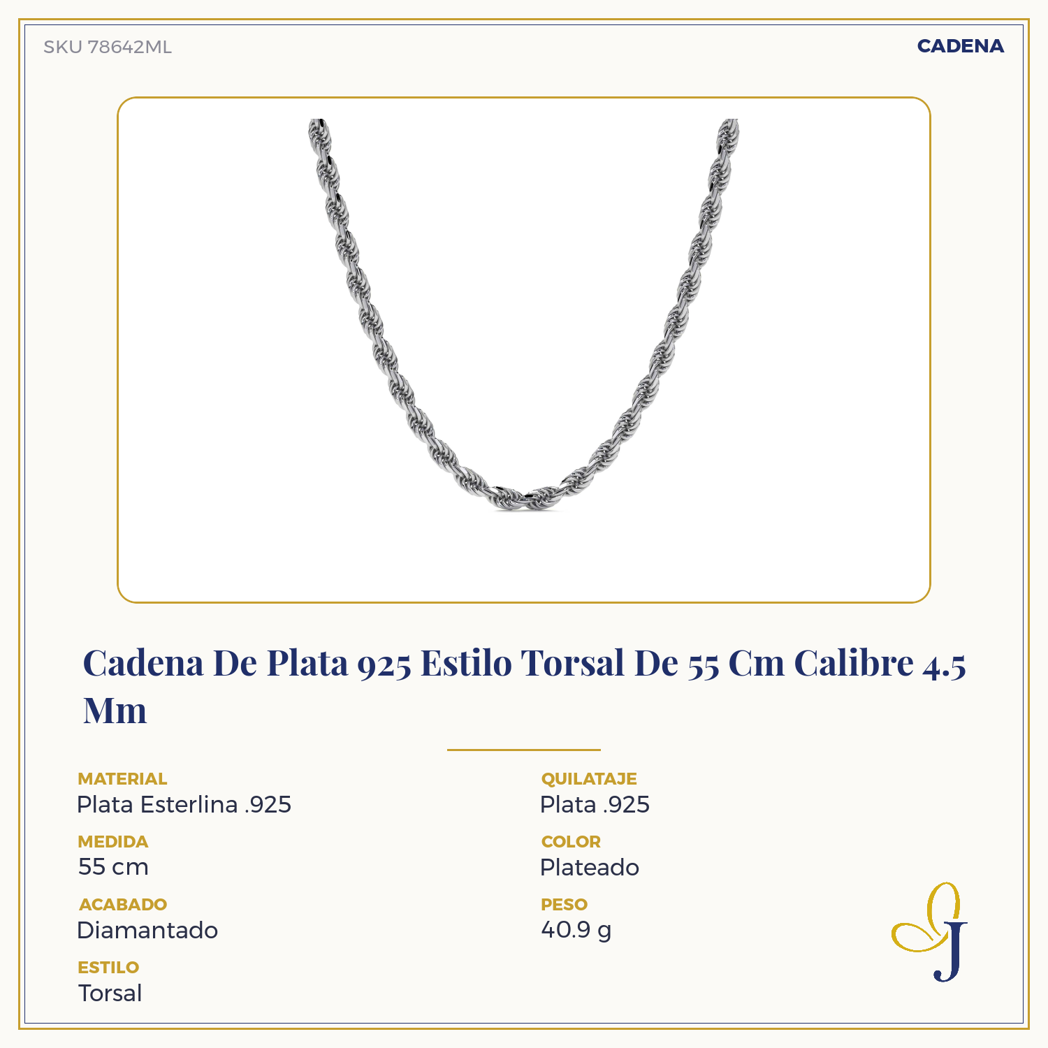 Cadena De Plata 925 Estilo Torsal De 55 Cm Calibre 4.5 Mm