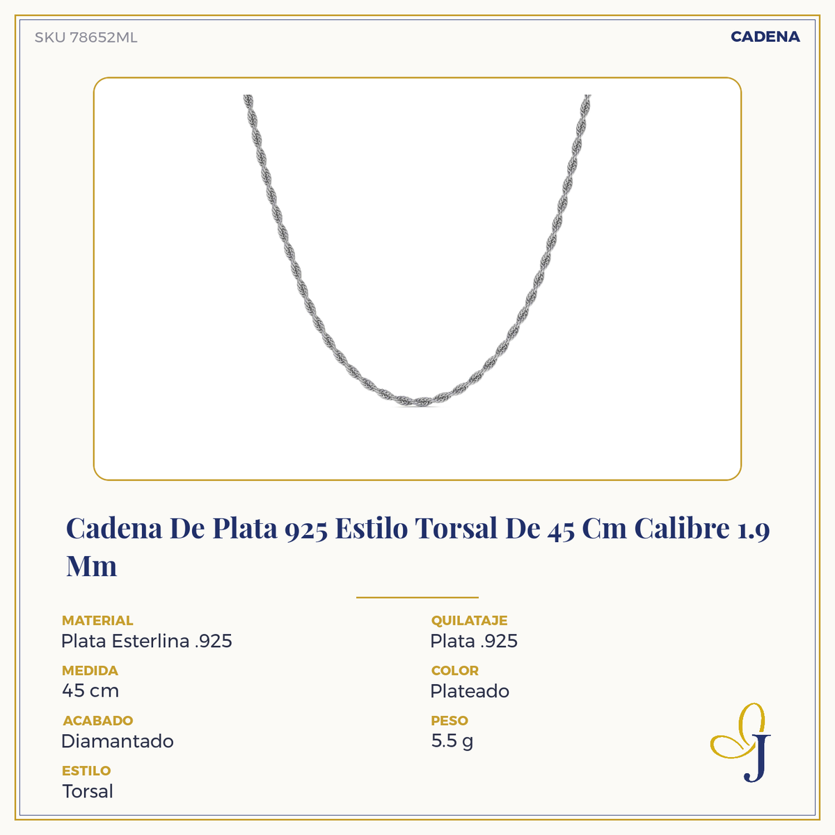 Cadena De Plata 925 Italiana Torsal Calibre 1.9mm en 4 colores
