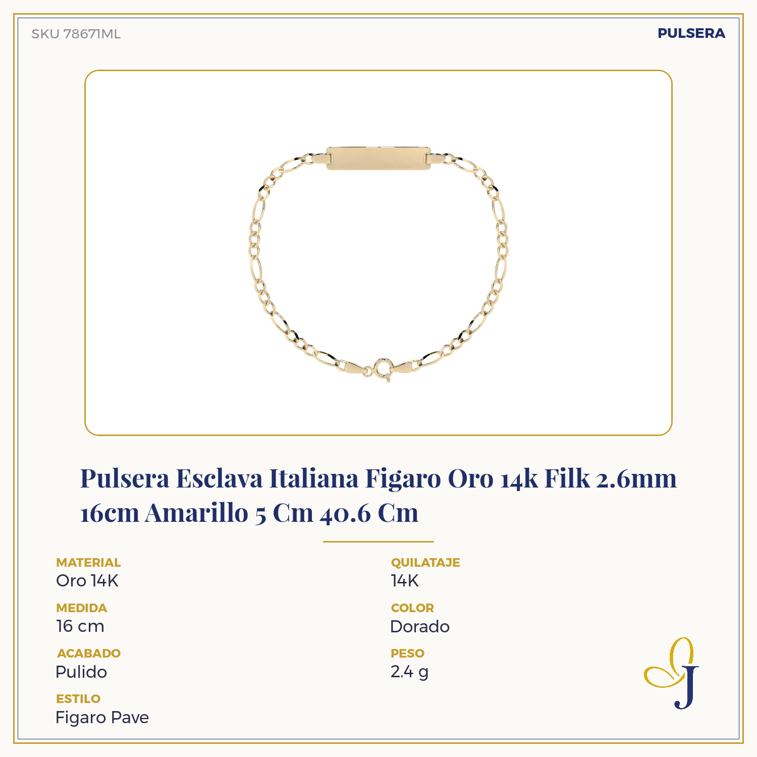 Pulsera Esclava Italiana Figaro Oro 14k Filk 2.6mm 16cm Amarillo 5 Cm 40.6 Cm