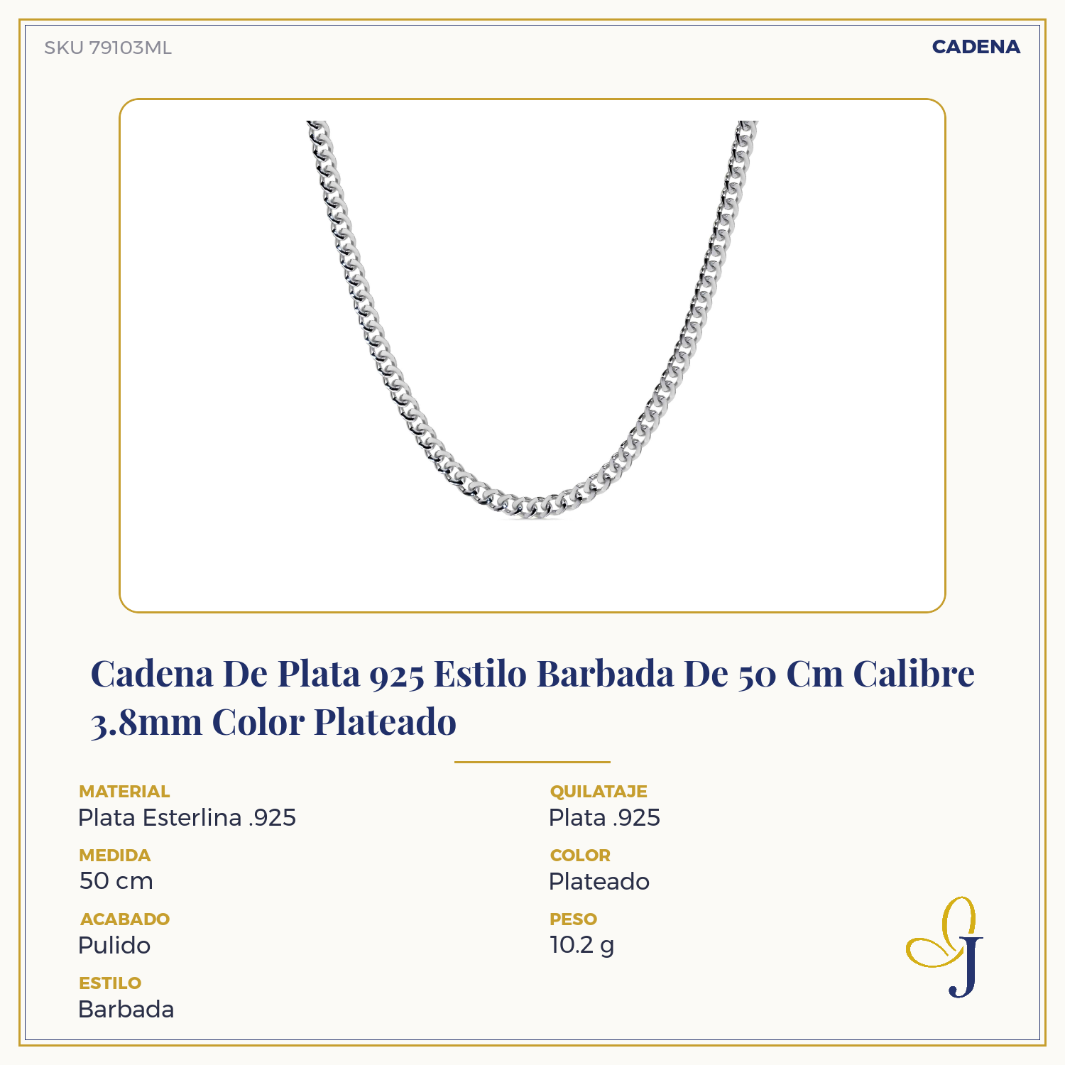 Cadena De Plata 925 Estilo Barbada De 50 Cm Calibre 3.8mm Color Plateado