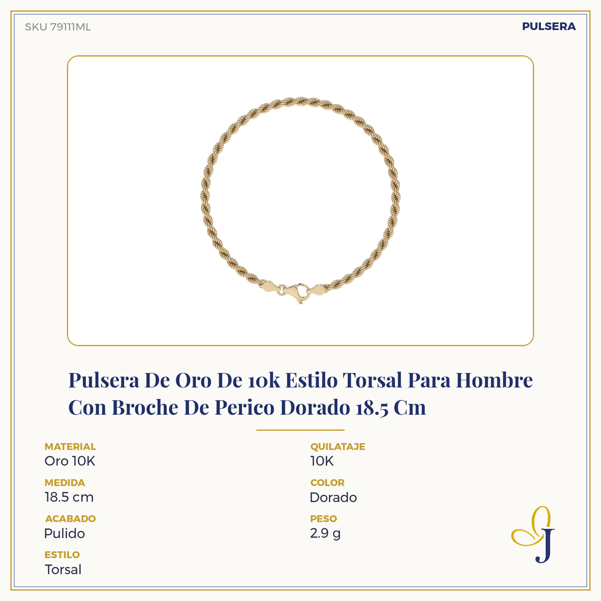 Pulsera De Oro Torsal Para Hombre Con Broche De Perico