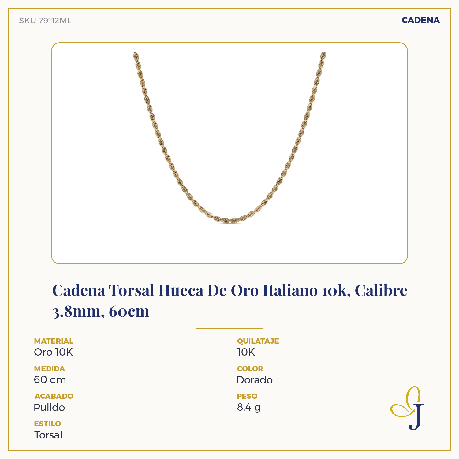 Cadena Torsal Hueca De Oro Italiano 10k, Calibre 3.8mm, 60cm