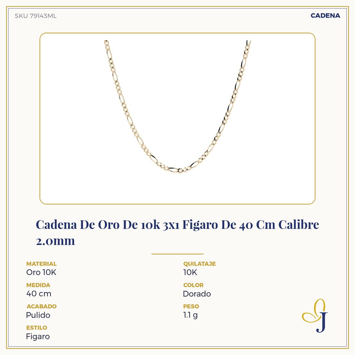 Cadena de Oro 10K Figaro 3x1 Hueca Unisex | Collar Italiano 2.0mm con Broche de Argolla | 40-60 cm